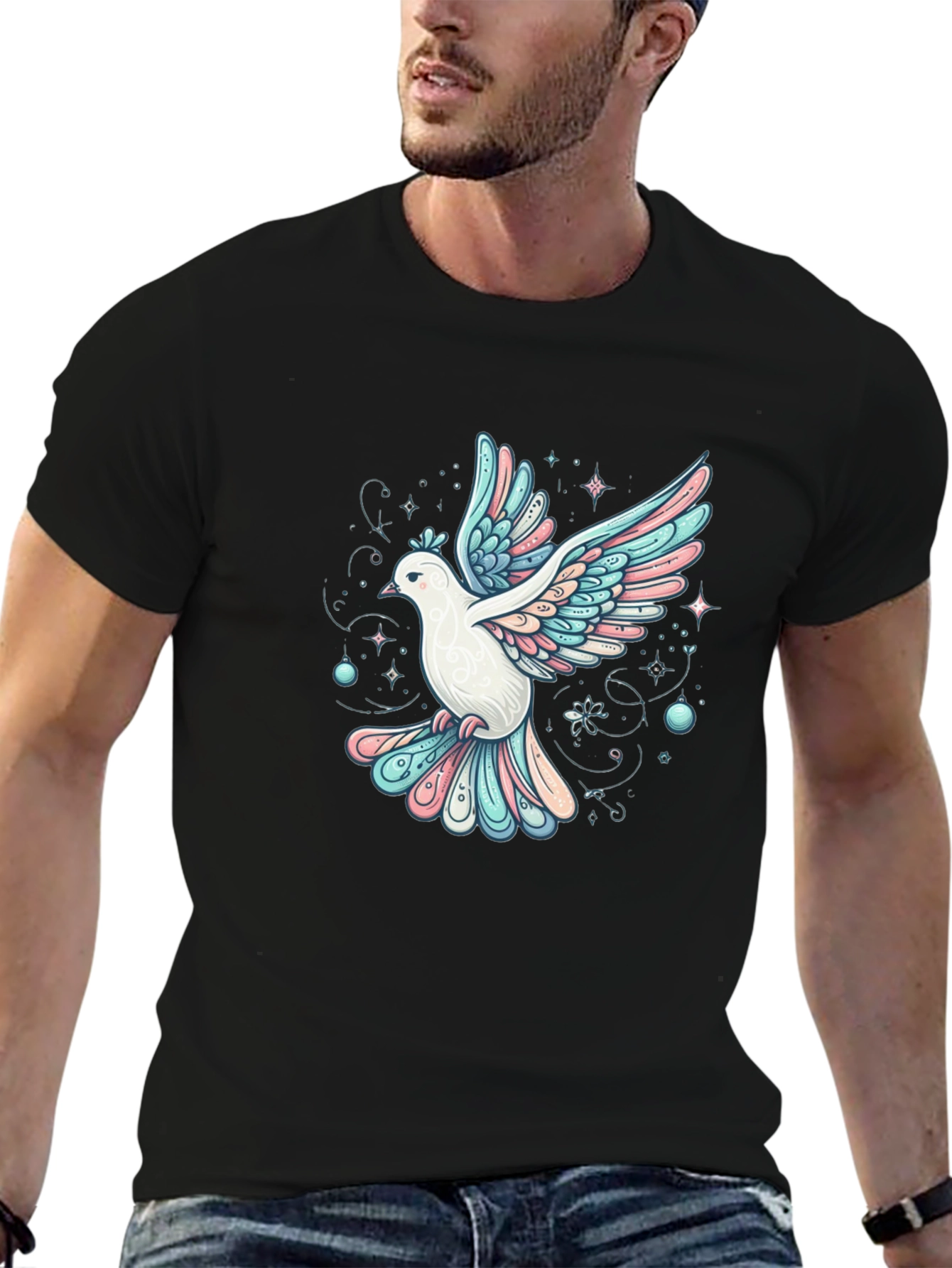 Camiseta Negra con Estampado de Paloma Artística