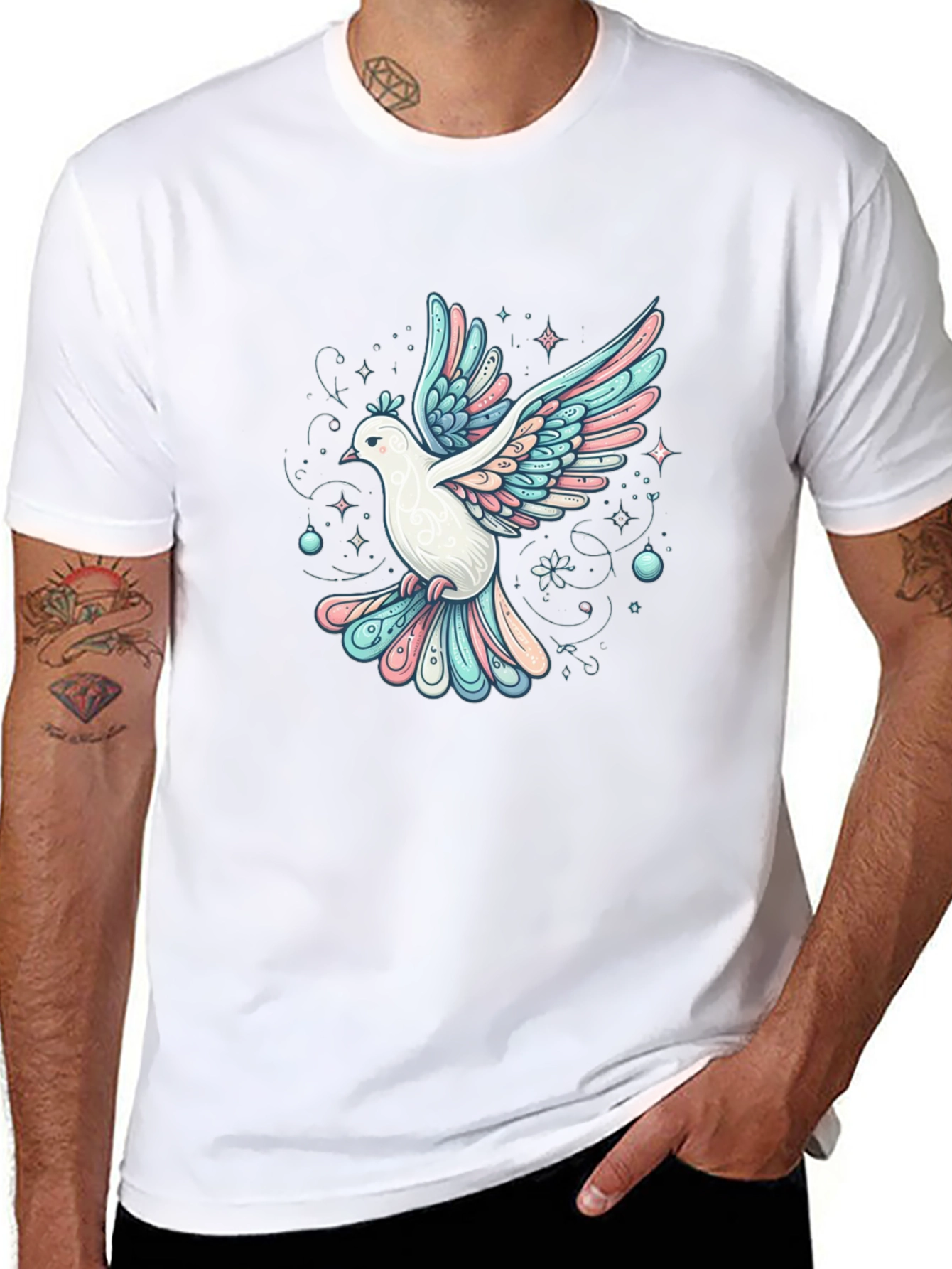 Camiseta Negra con Estampado de Paloma Artística