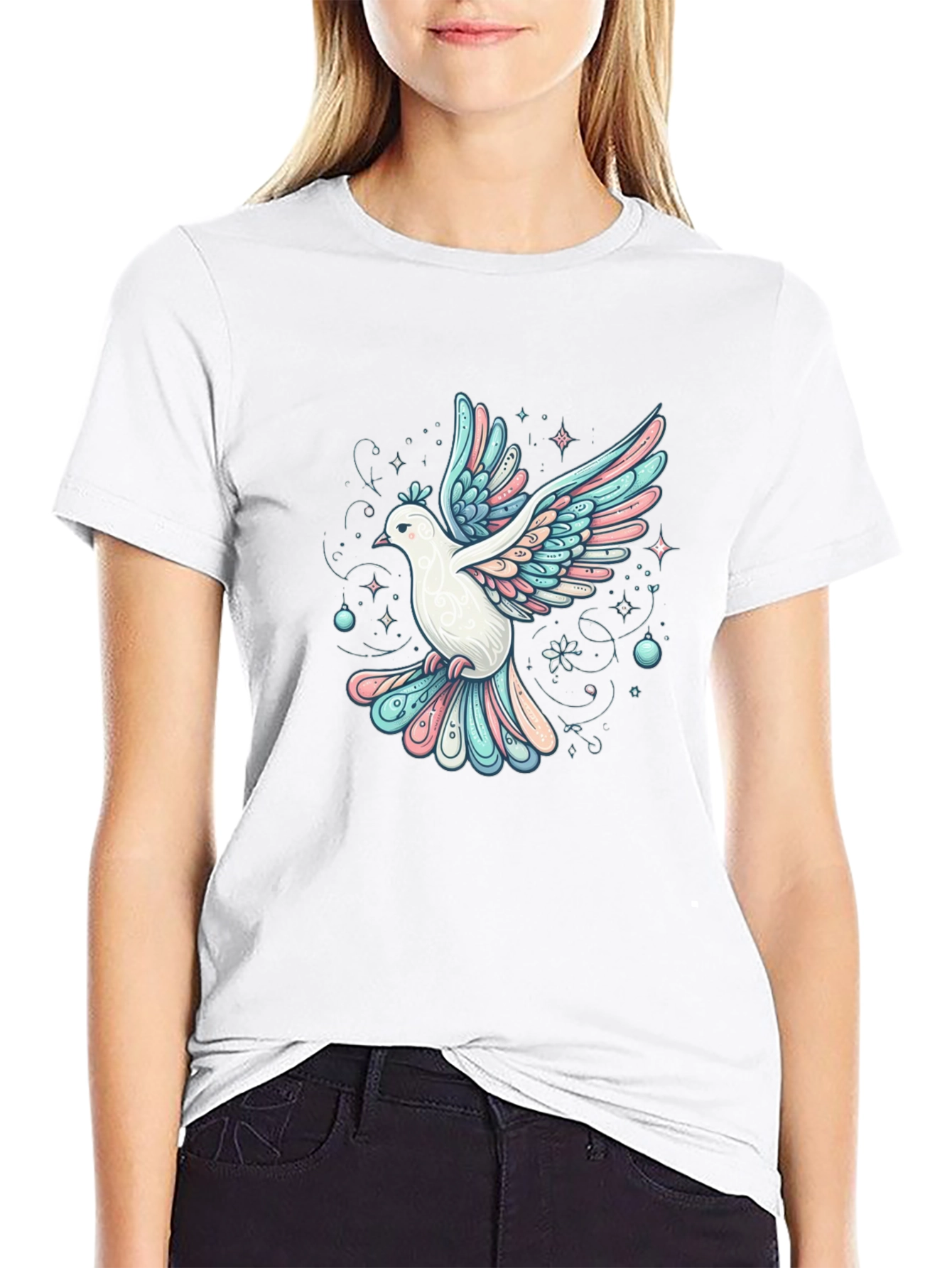 Camiseta Negra con Estampado de Paloma Artística