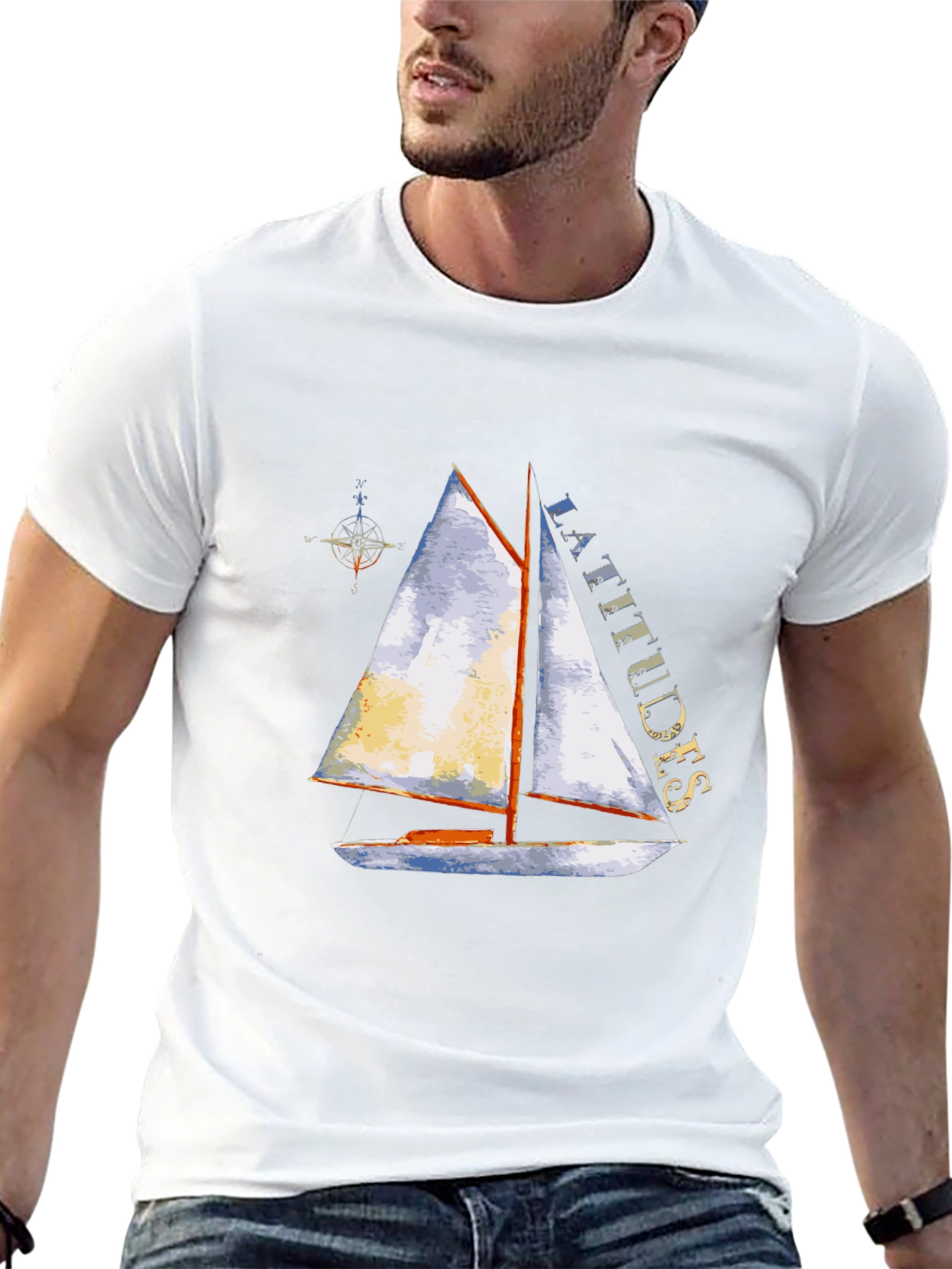 Camiseta Negra con Estampado de Velero y Latitudes