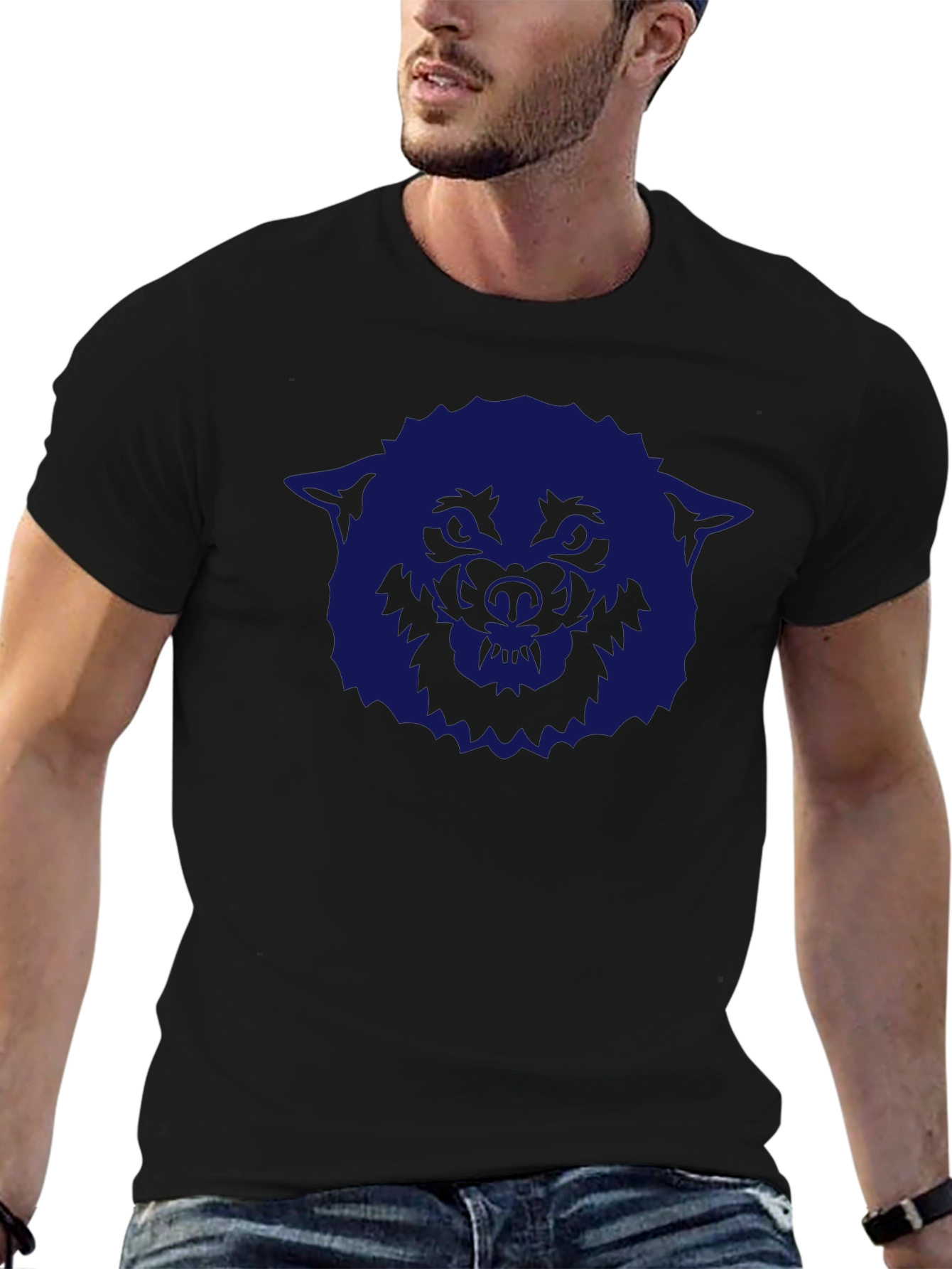Camiseta Negra con Diseño de Lobo Azul