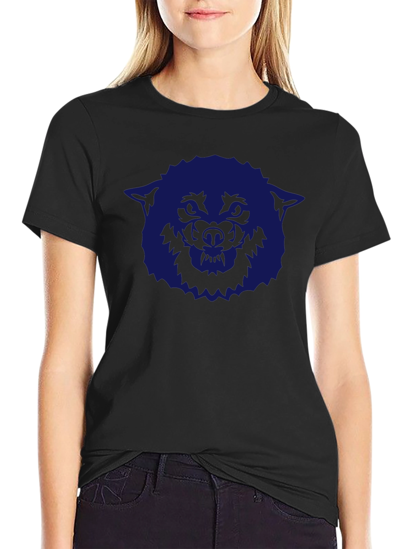 Camiseta Negra con Diseño de Lobo Azul