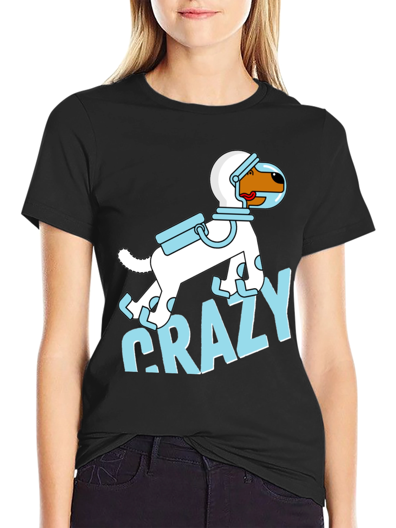 Camiseta Negra con Diseño de Perro Astronauta Loco