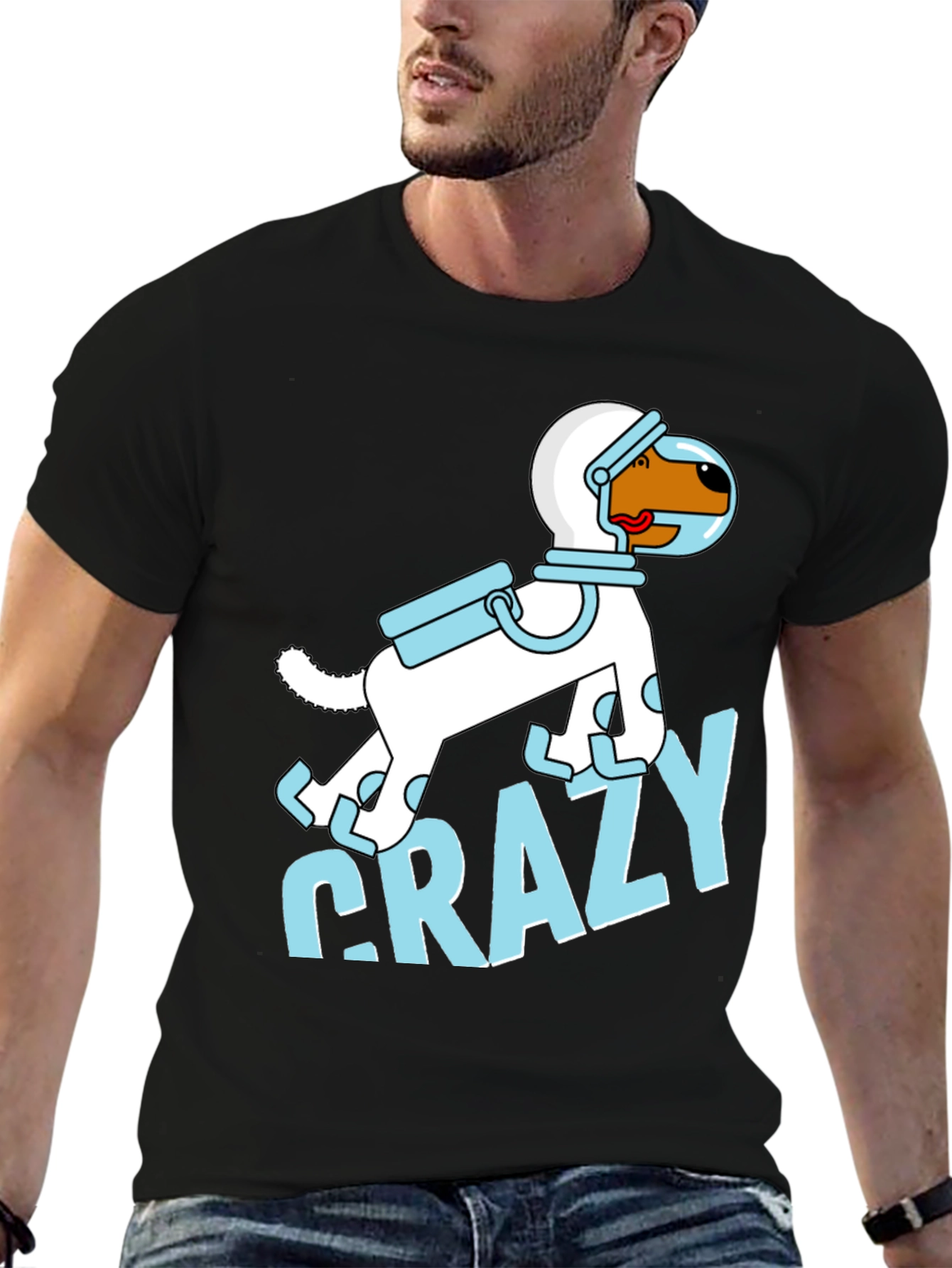 Camiseta Negra con Diseño de Perro Astronauta Loco