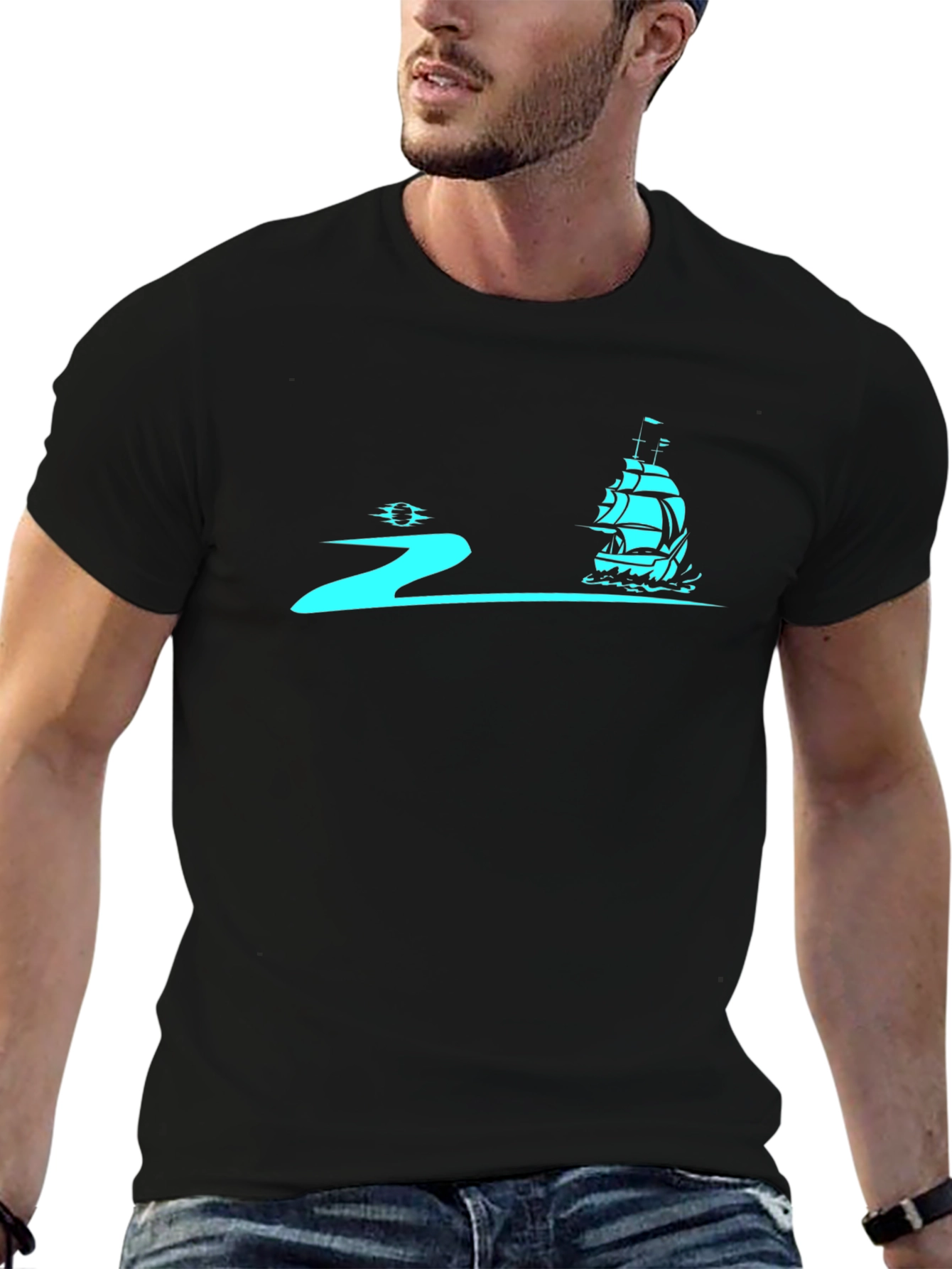 Camiseta Negra con Diseño Náutico Azul