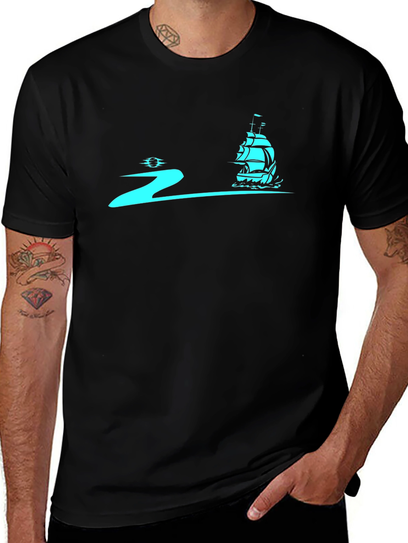 Camiseta Negra con Diseño Náutico Azul