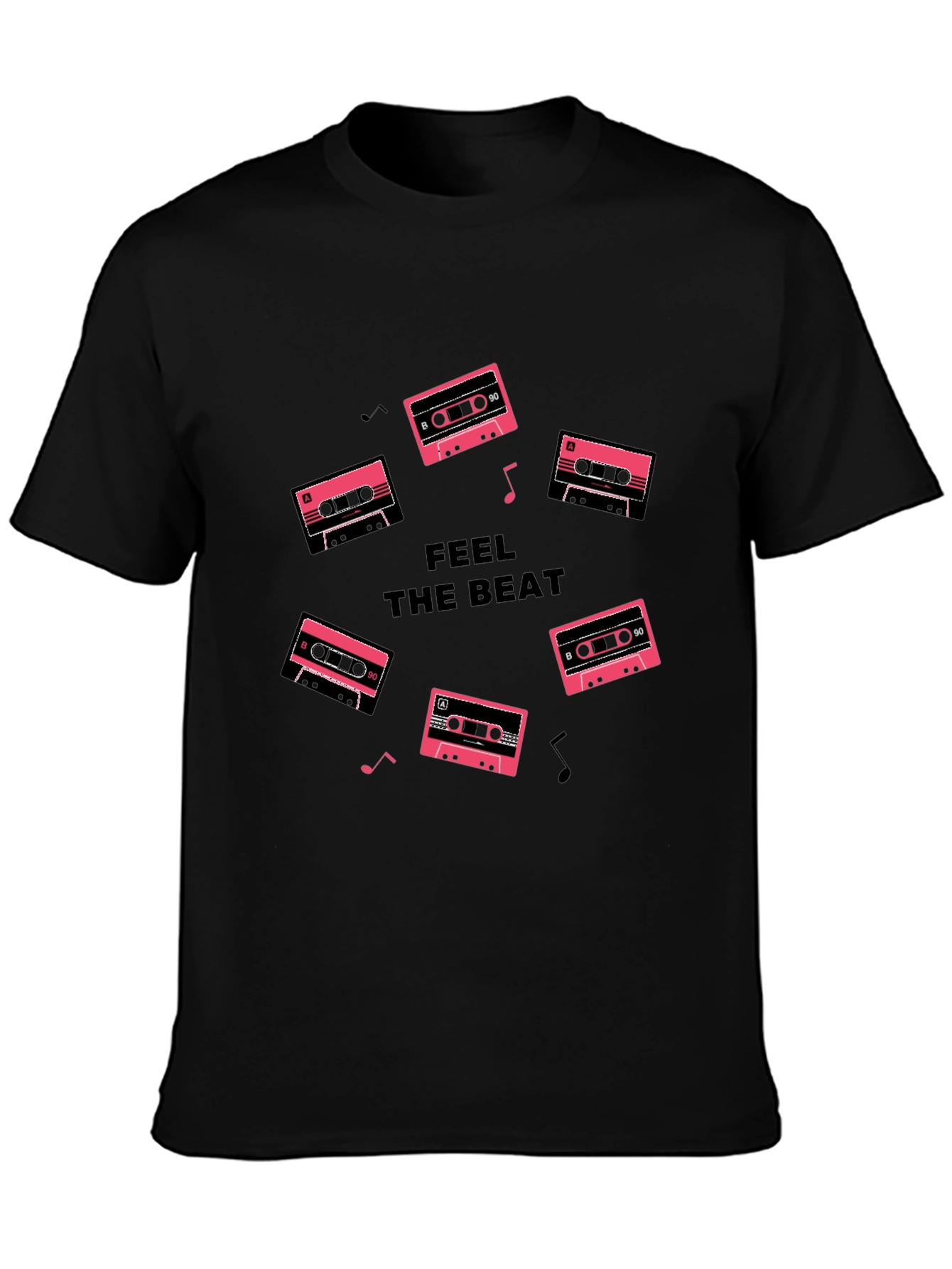 Camiseta Negra Feel the Beat con Casetes Retro