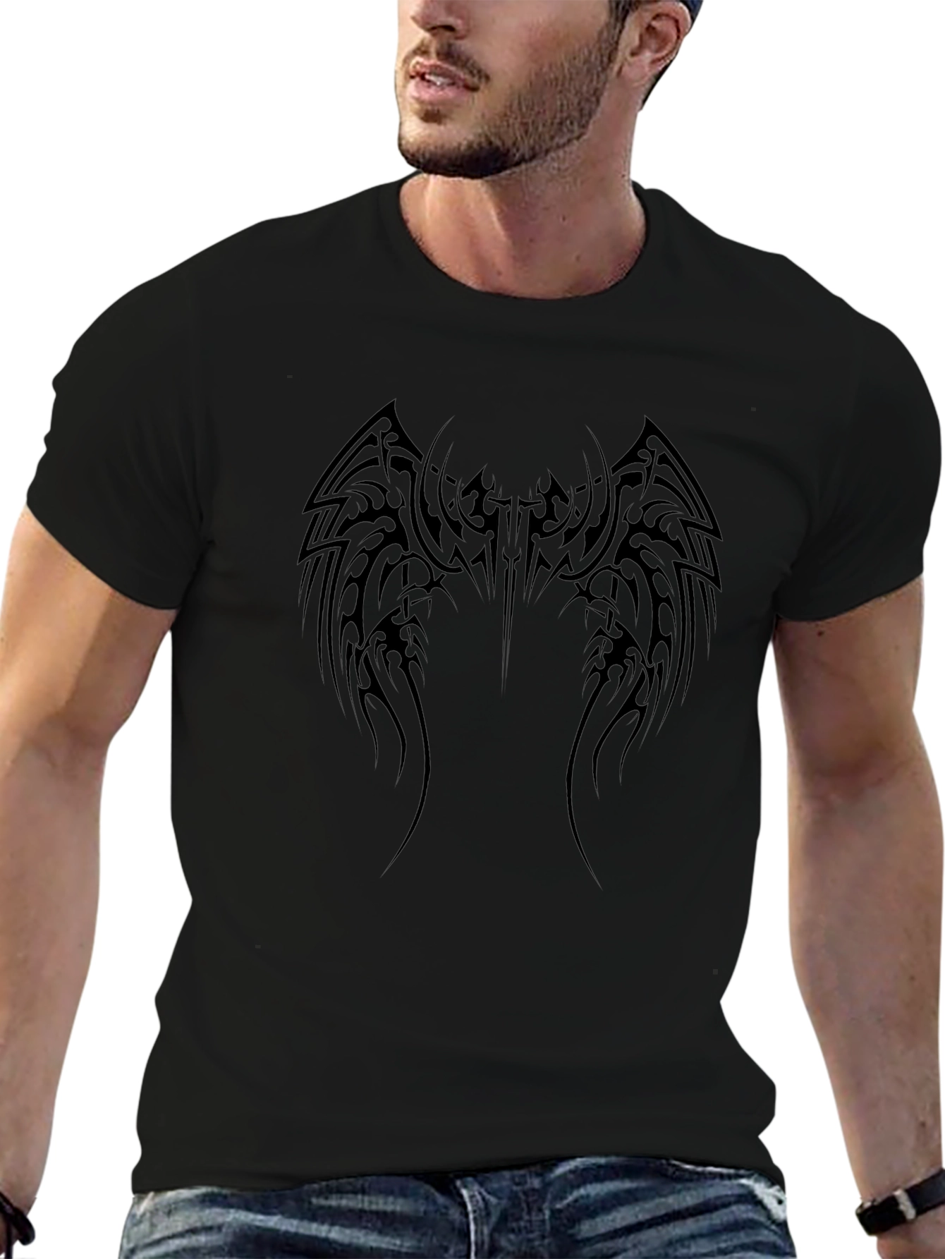 Camiseta Negra Hombre Diseño Tribal Alas