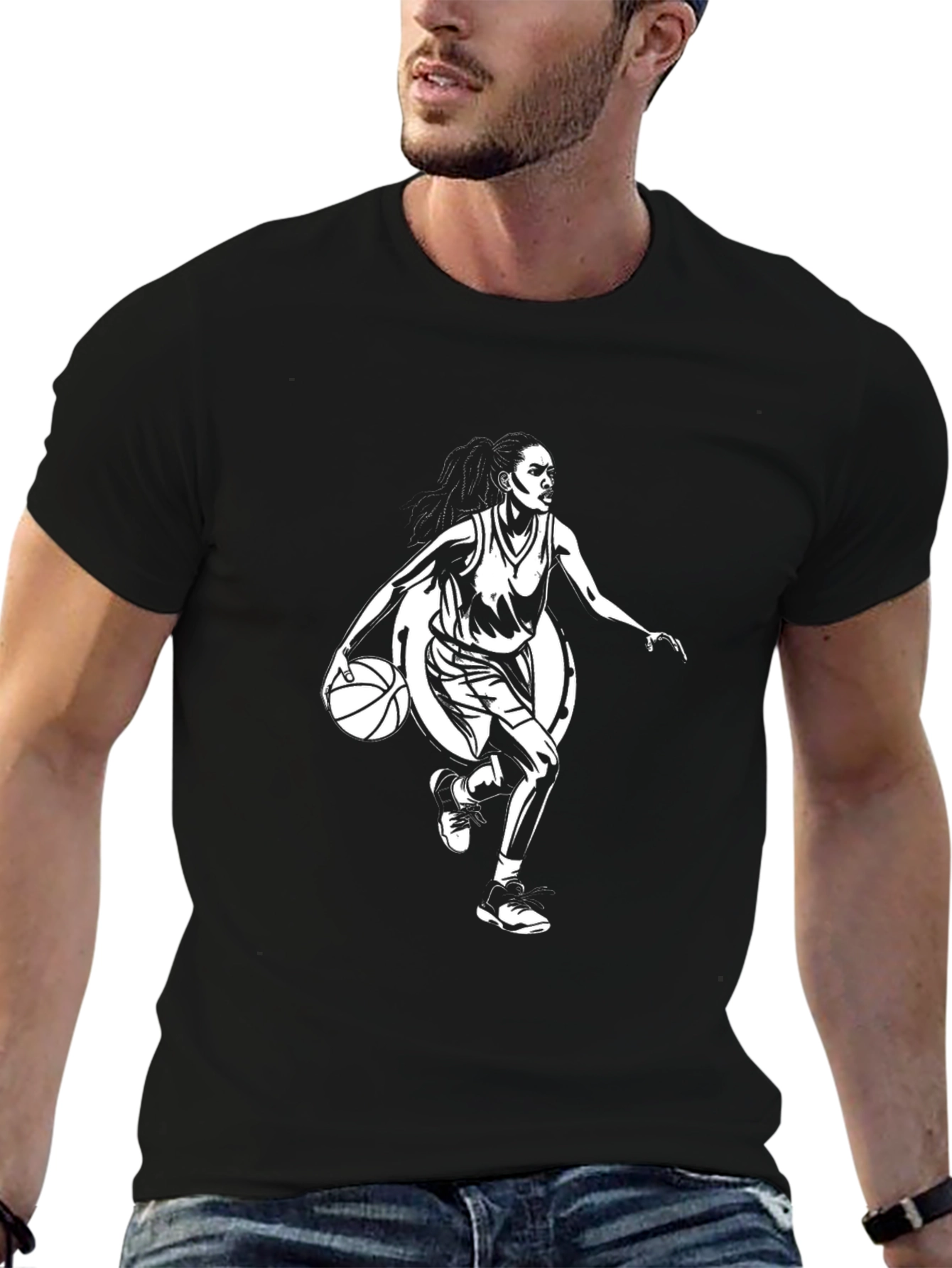 Camiseta Negra Estampada con Jugadora de Baloncesto