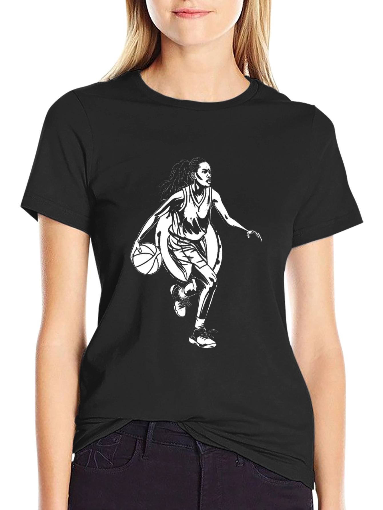 Camiseta Negra Estampada con Jugadora de Baloncesto