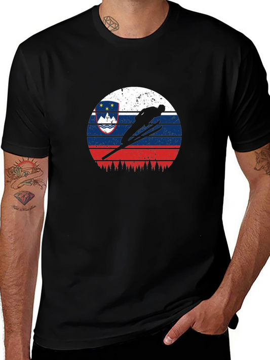 Camiseta Negra con Diseño de Esquiador en Bandera de Eslovenia
