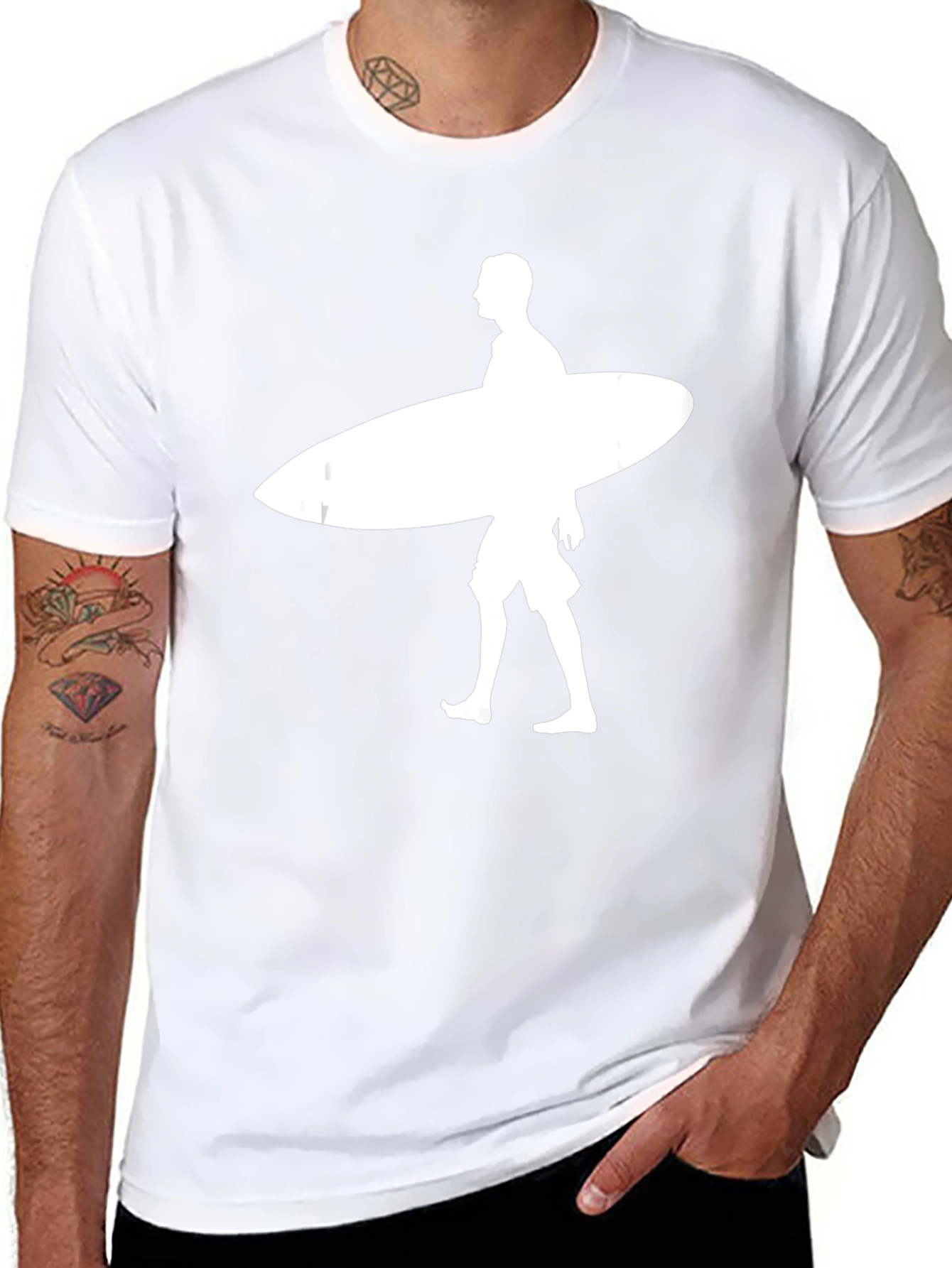 Camiseta Negra Surfista con Tabla Blanca