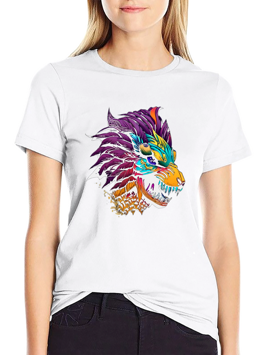 Camiseta Negra con Diseño de Lobo Tribal Colorido