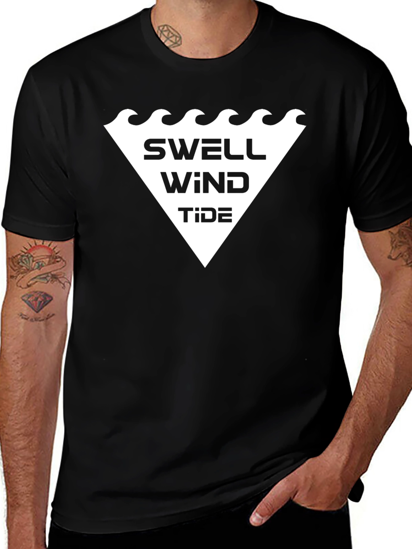 Camiseta Negra Hombre - Diseño Swell Wind Tide