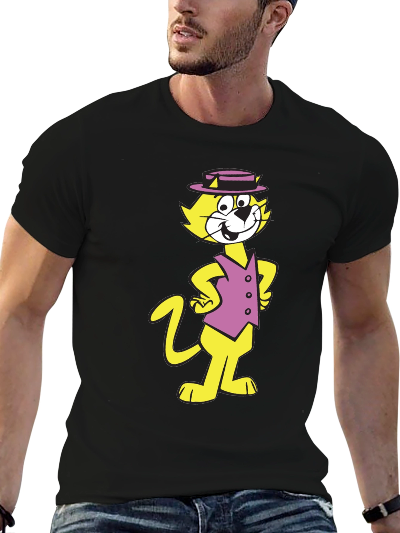 Camiseta Negra con Diseño de Gato Animado