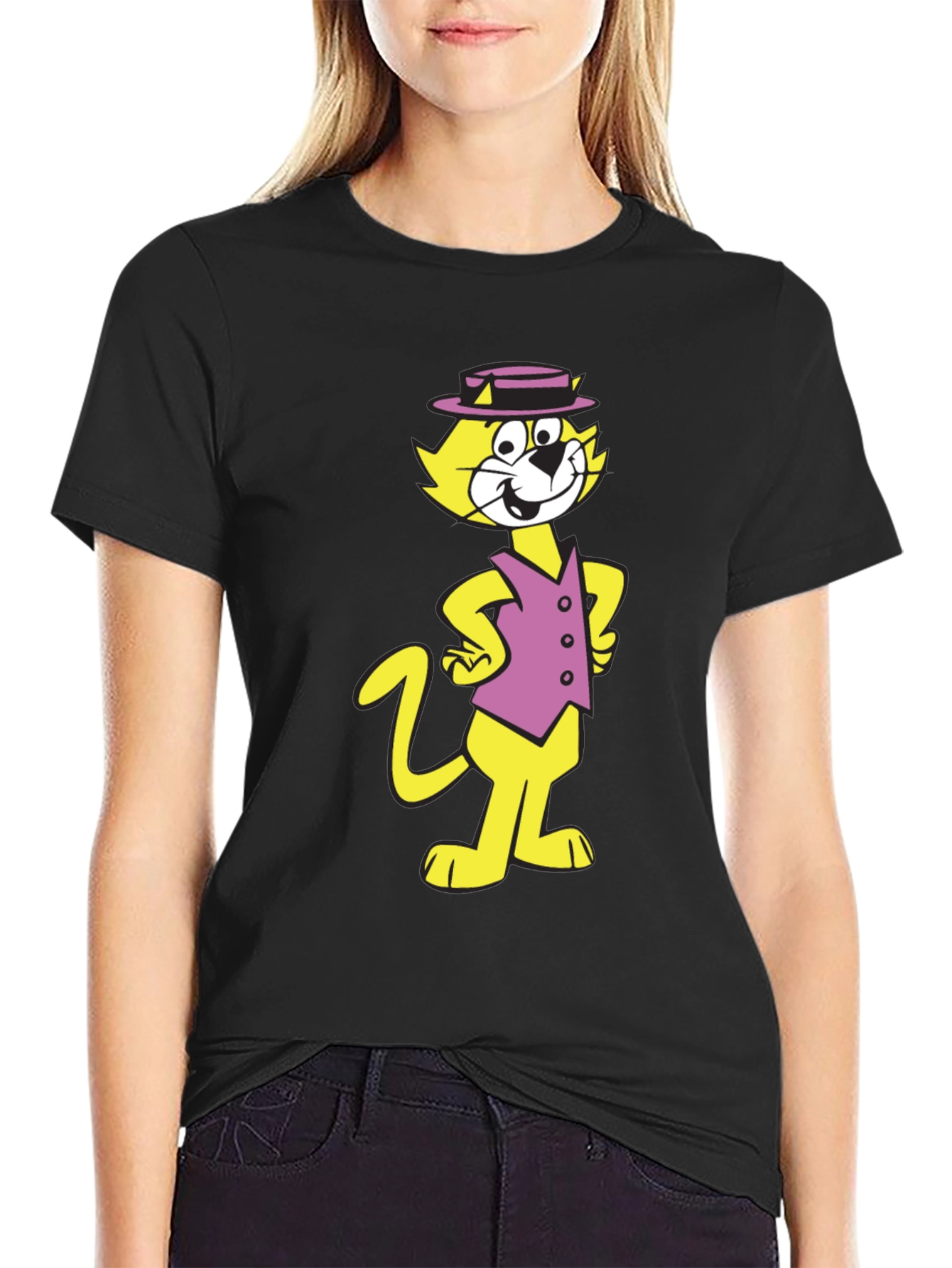 Camiseta Negra con Diseño de Gato Animado