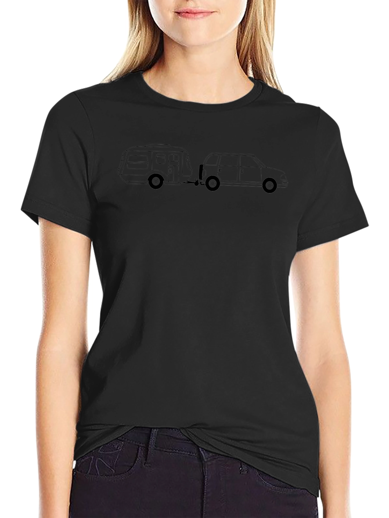 Camiseta Negra con Diseño de Caravana y Coche