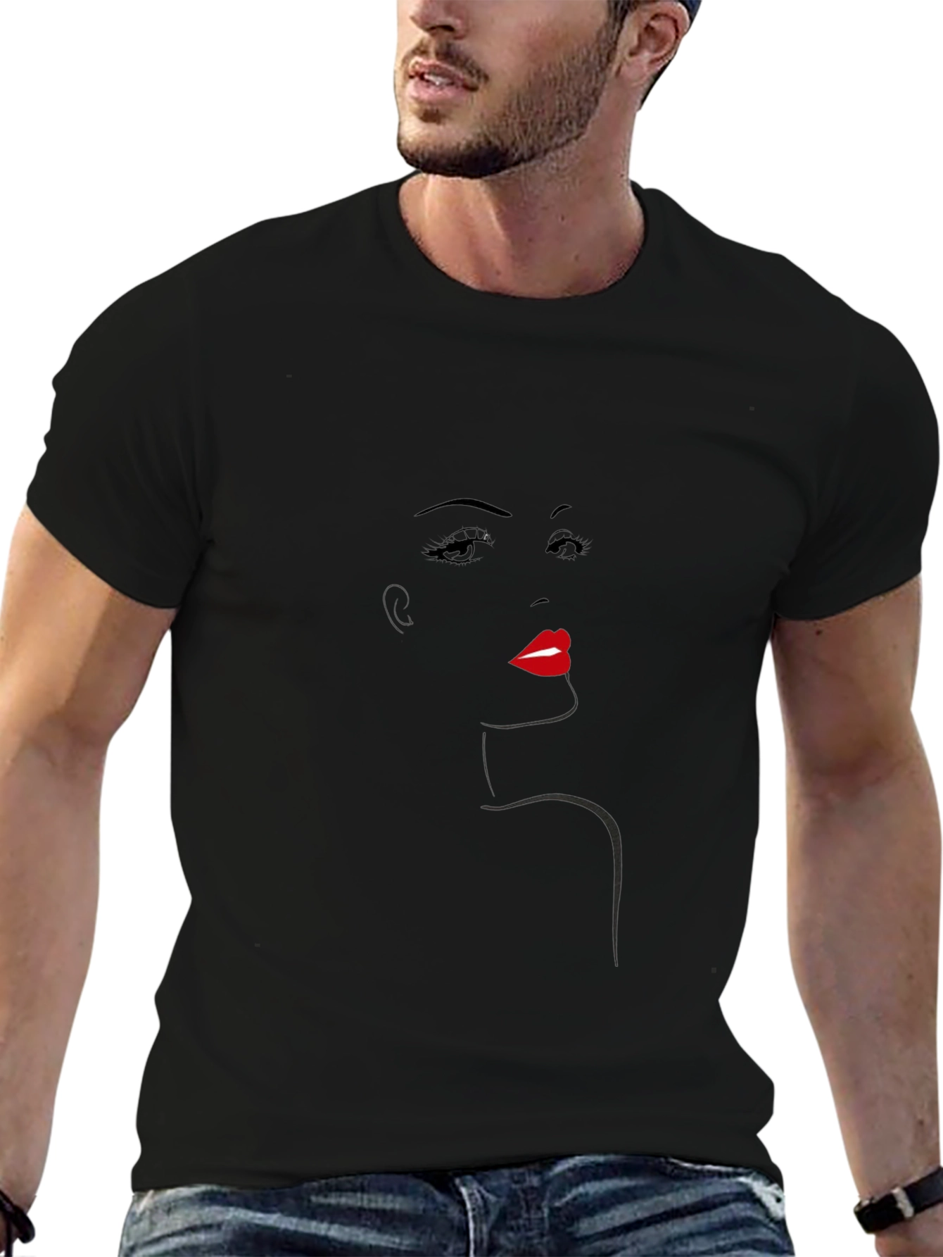 Camiseta Negra con Diseño Abstracto de Rostro Femenino