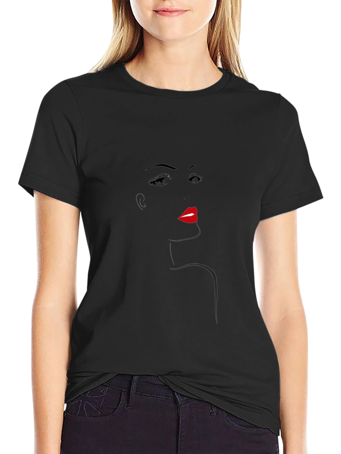 Camiseta Negra con Diseño Abstracto de Rostro Femenino