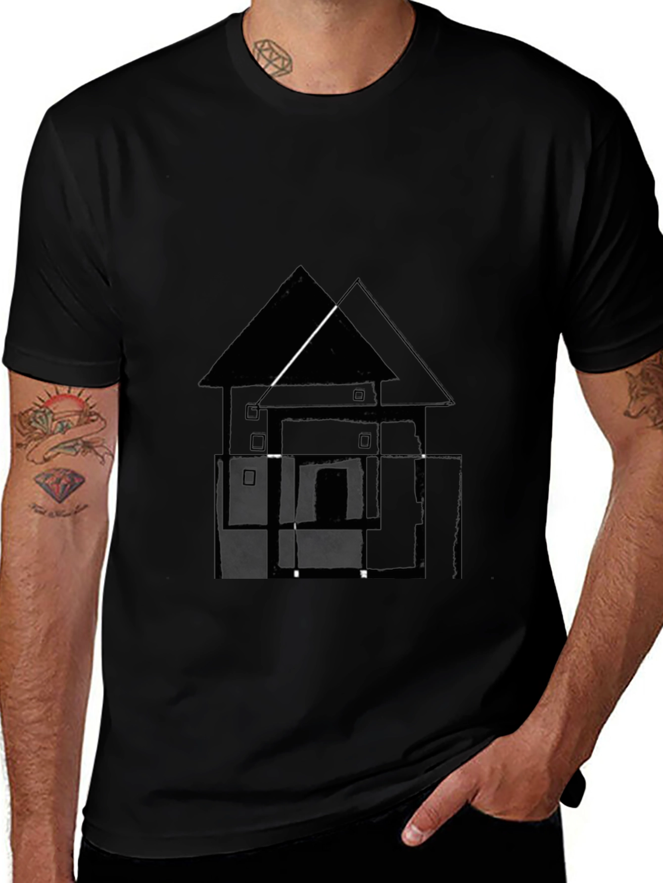 Camiseta Negra con Diseño Abstracto de Casa