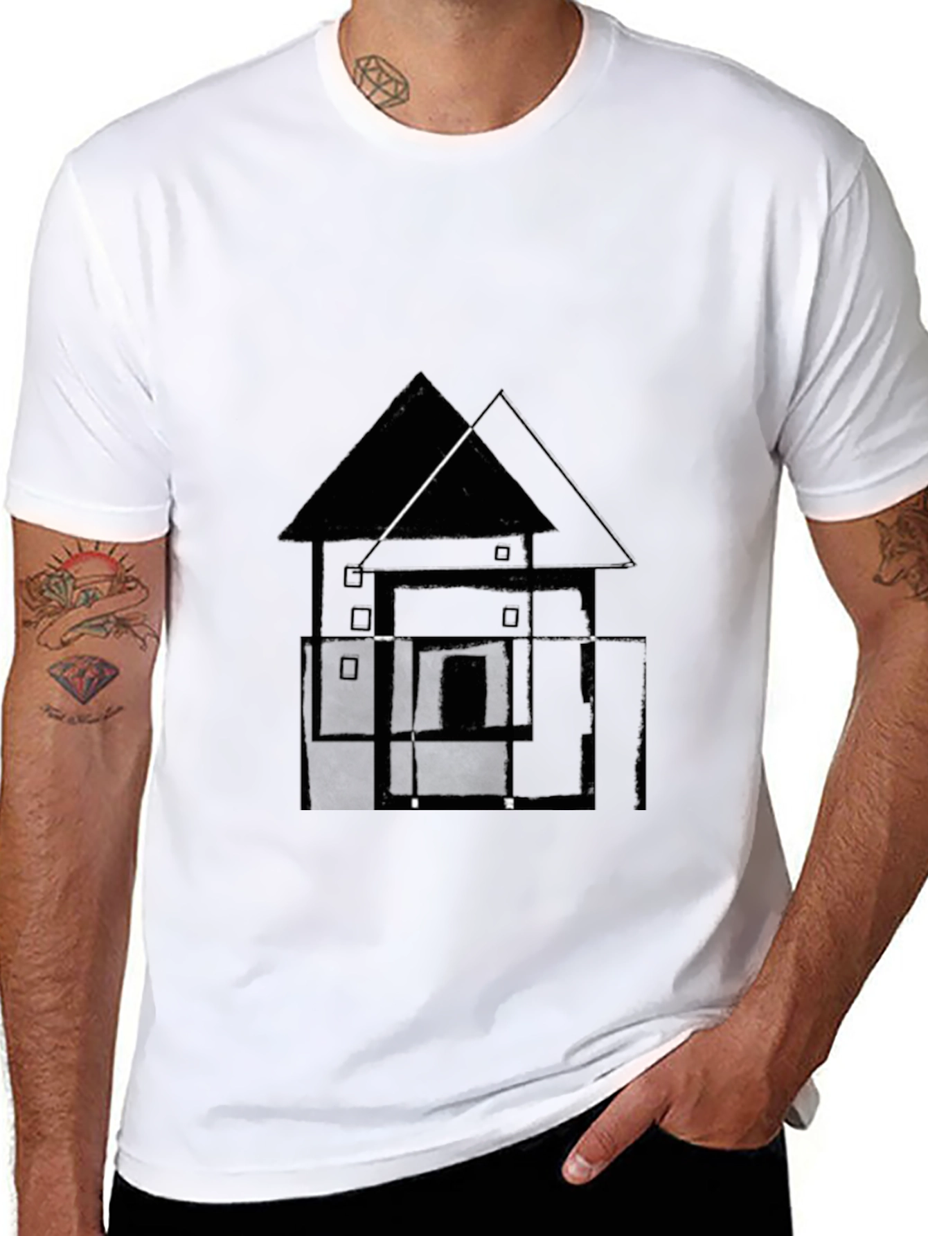 Camiseta Negra con Diseño Abstracto de Casa