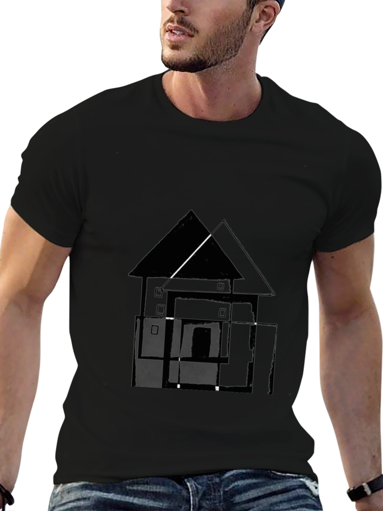 Camiseta Negra con Diseño Abstracto de Casa