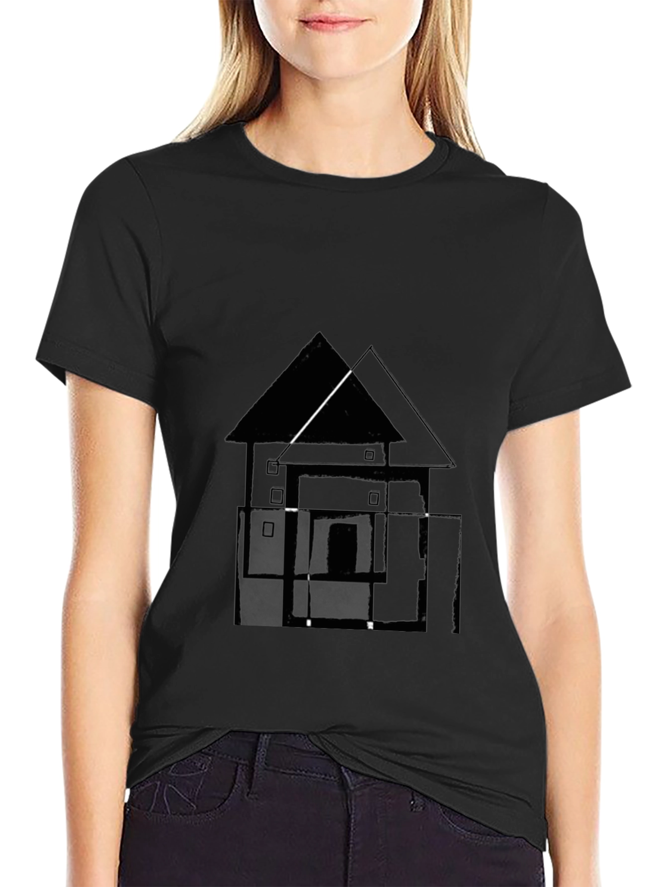Camiseta Negra con Diseño Abstracto de Casa