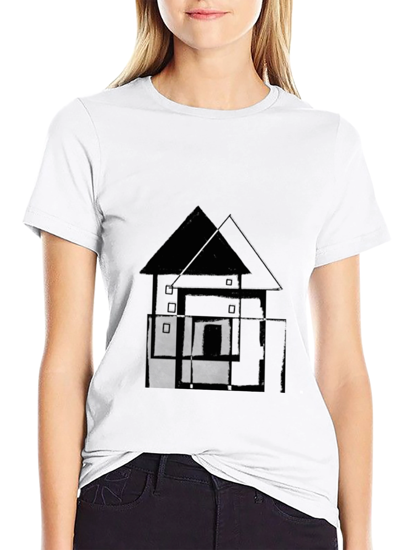 Camiseta Negra con Diseño Abstracto de Casa
