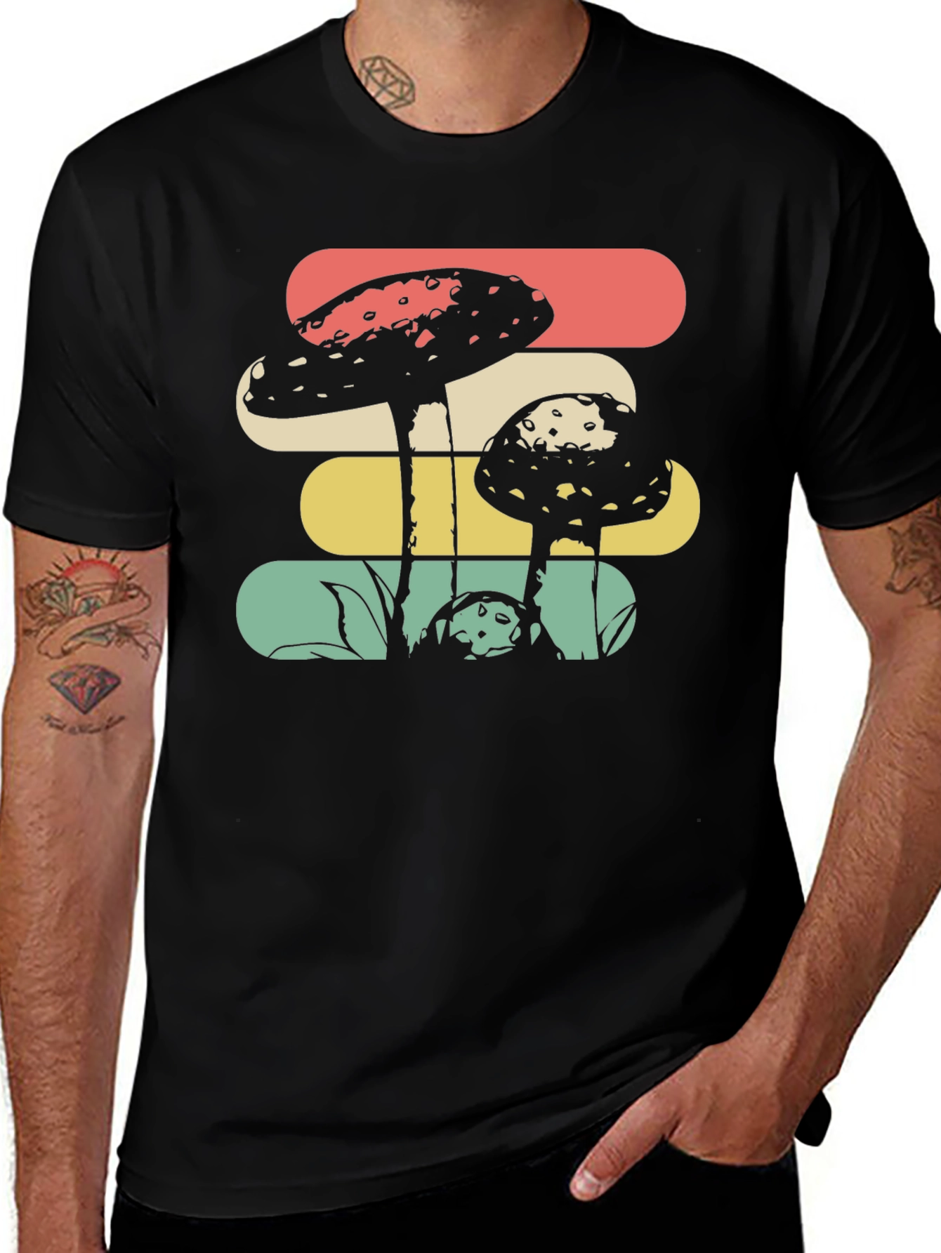 Camiseta Negra con Diseño de Hongos Retro