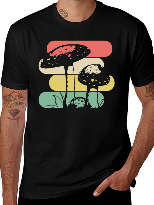 Camiseta Negra con Diseño de Hongos Retro