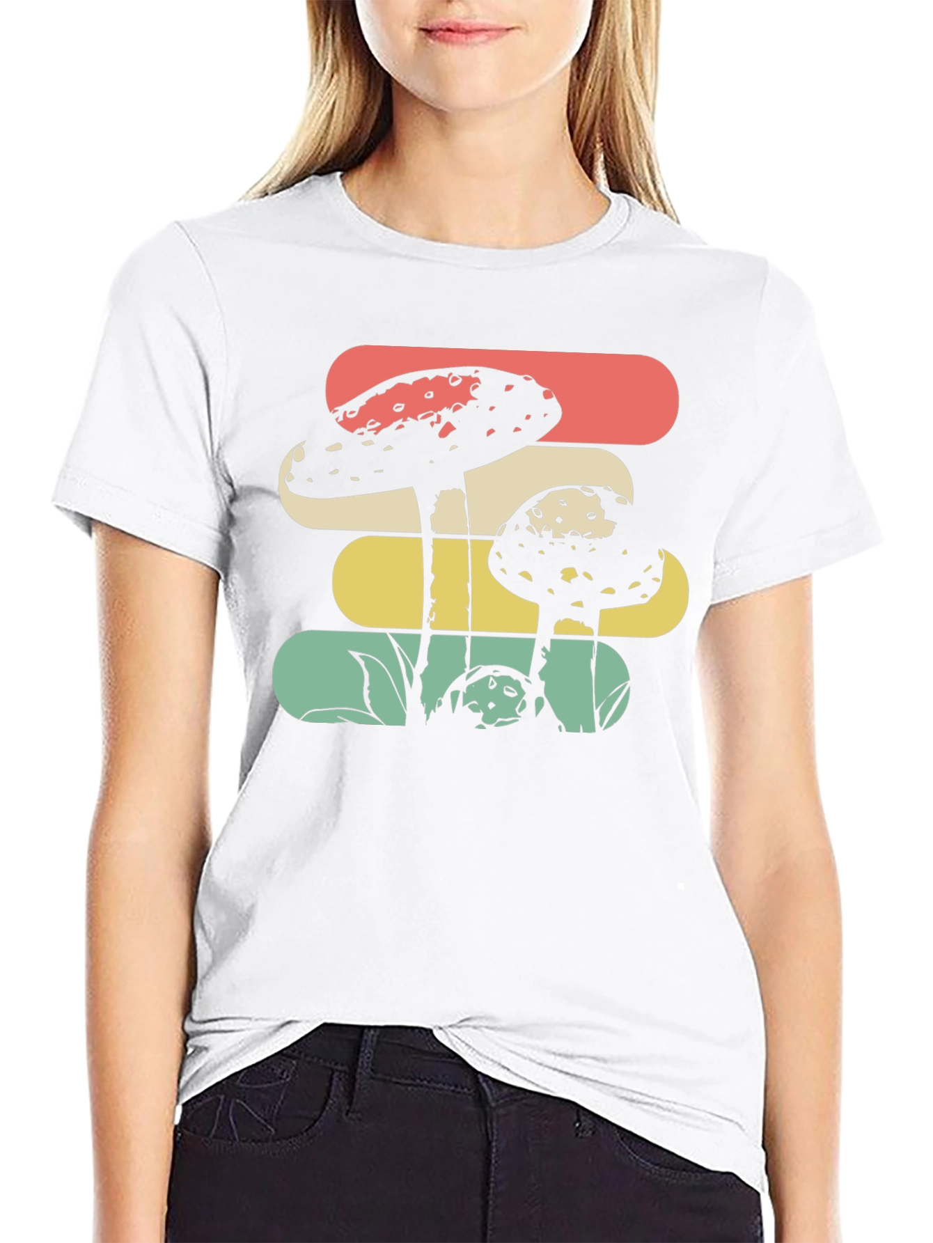 Camiseta Negra con Diseño de Hongos Retro