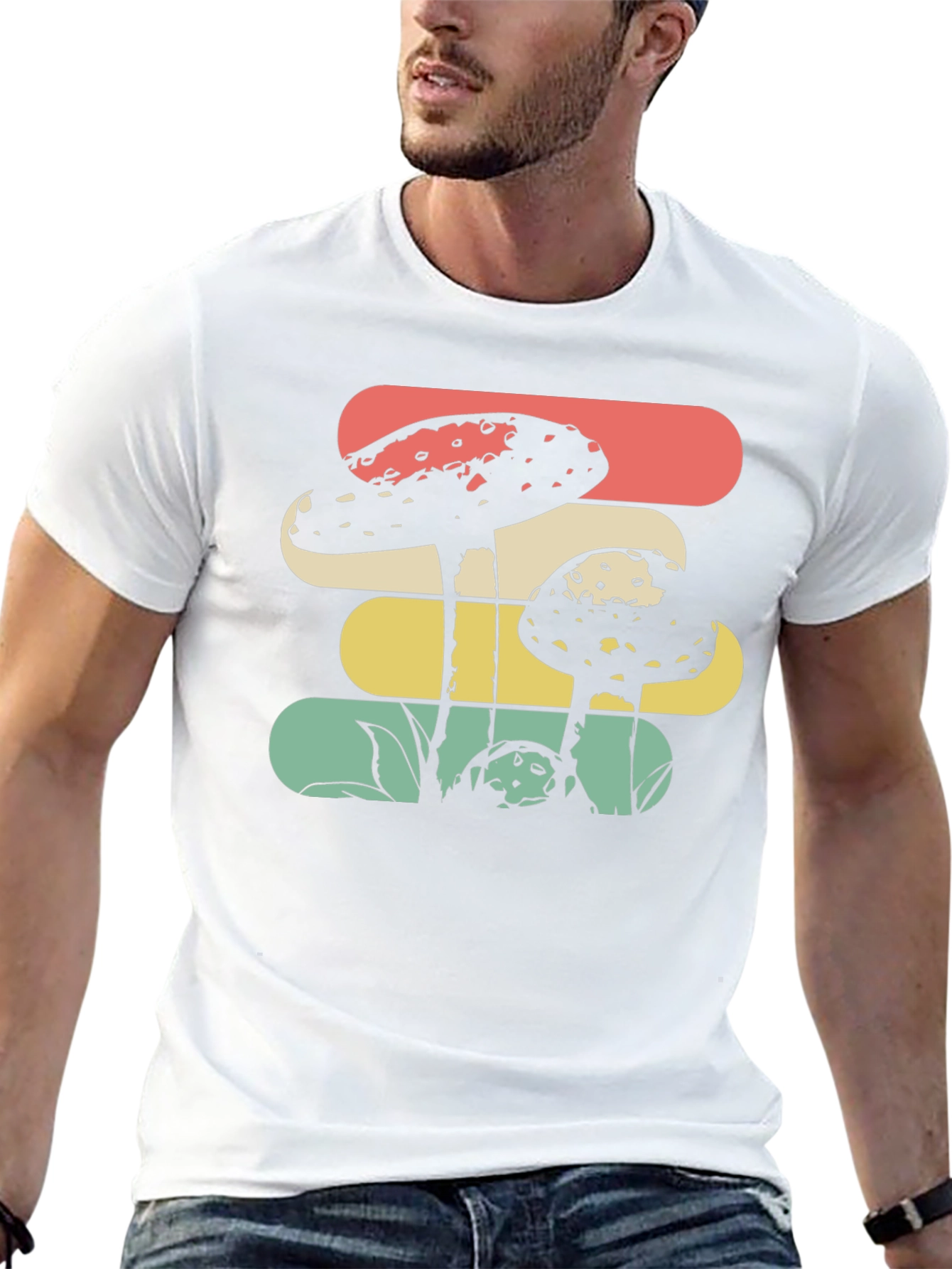 Camiseta Negra con Diseño de Hongos Retro