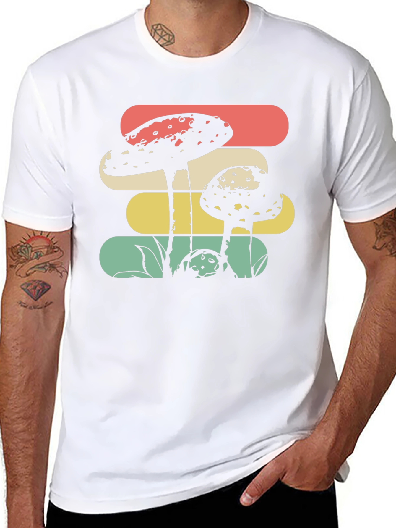 Camiseta Negra con Diseño de Hongos Retro