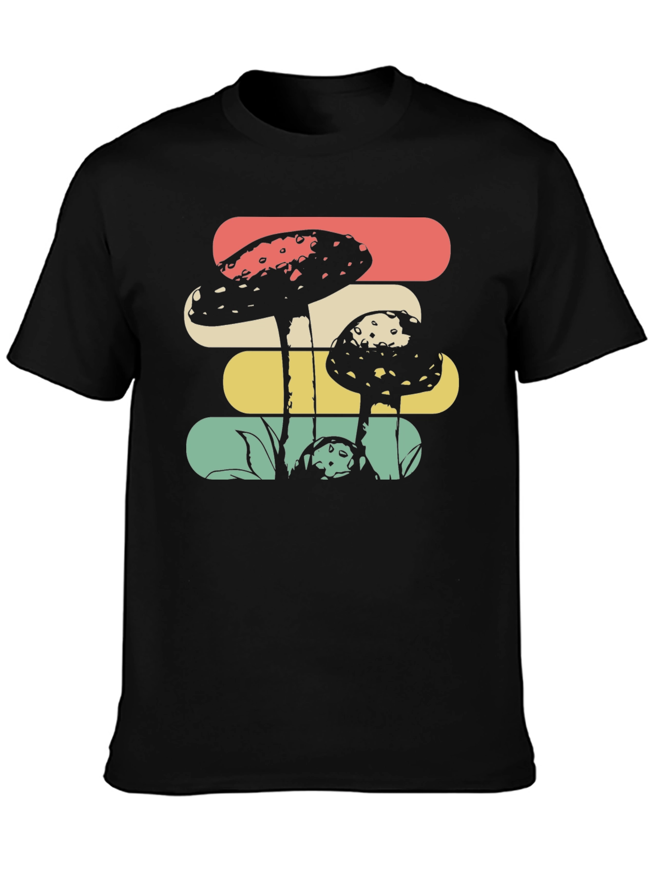 Camiseta Negra con Diseño de Hongos Retro