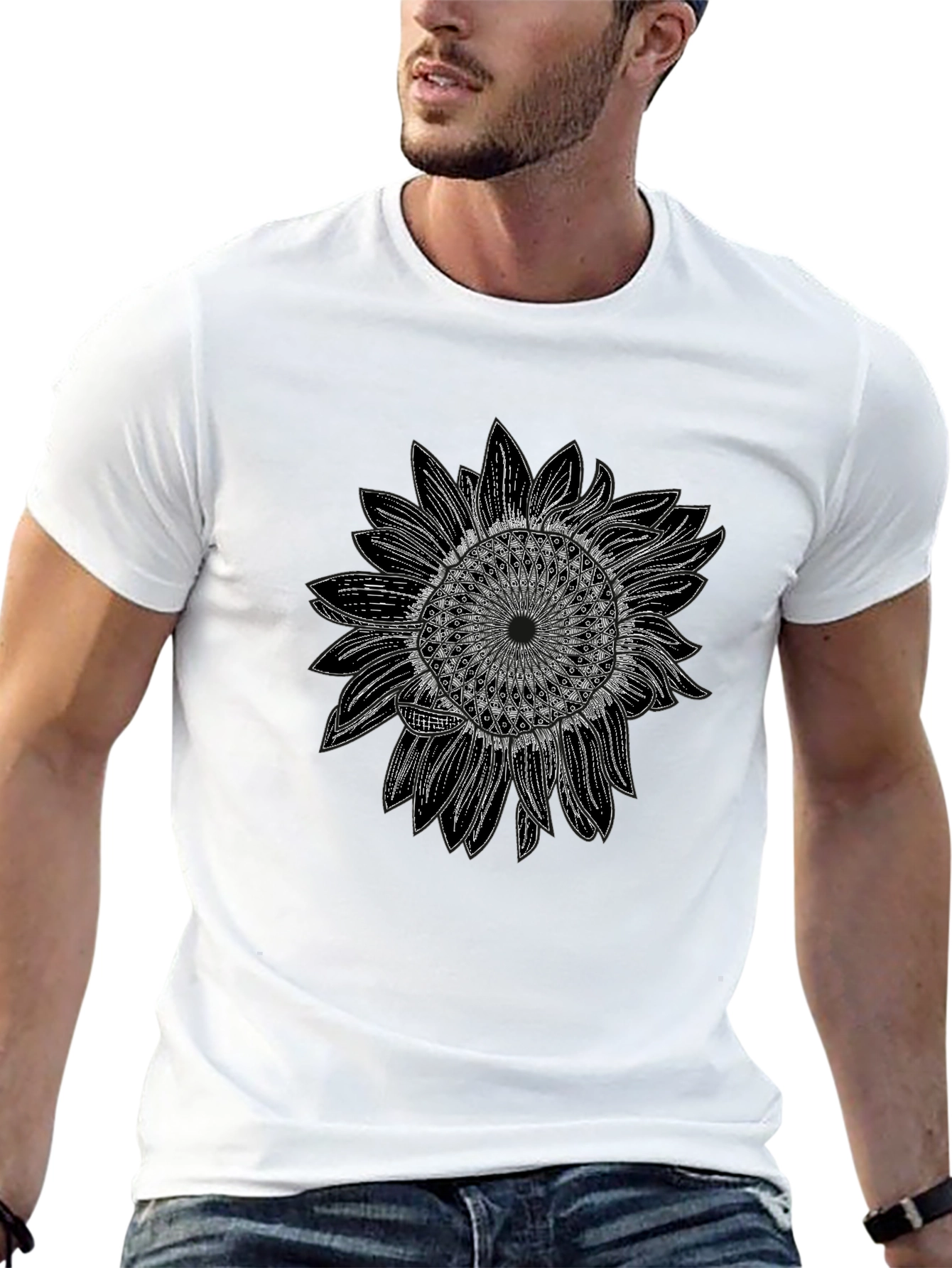 Camiseta Negra con Diseño de Girasol Mandala
