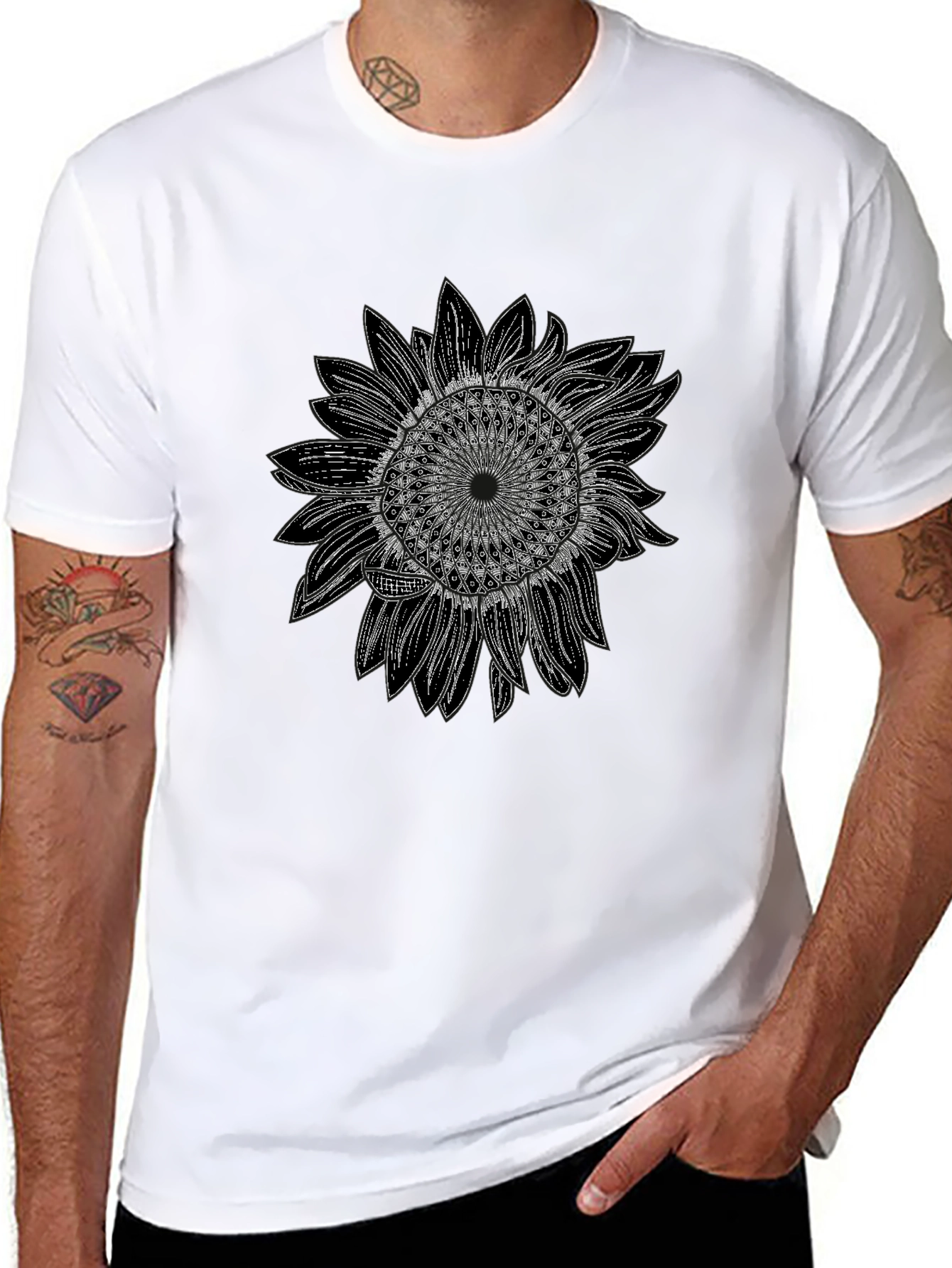 Camiseta Negra con Diseño de Girasol Mandala