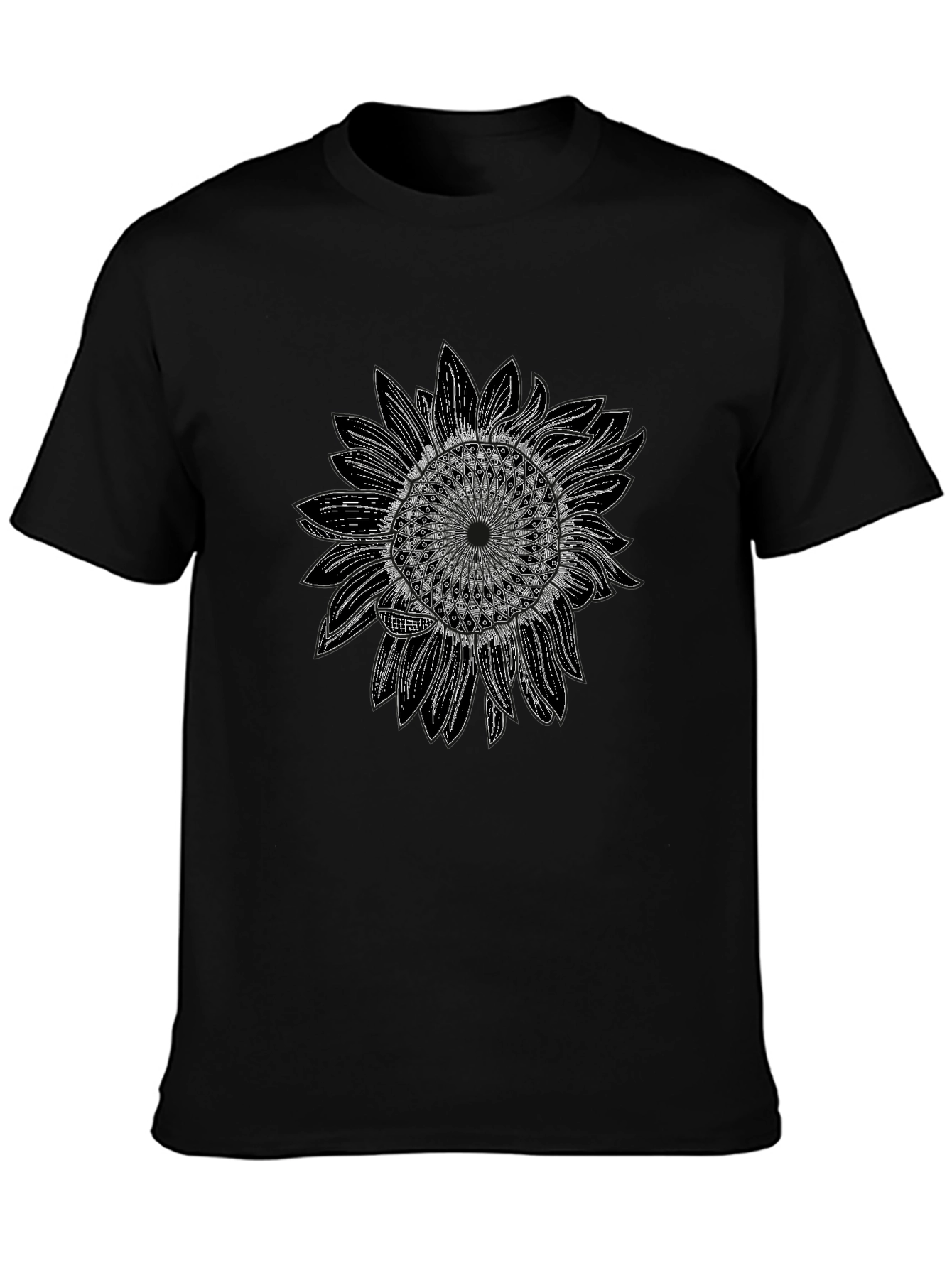 Camiseta Negra con Diseño de Girasol Mandala