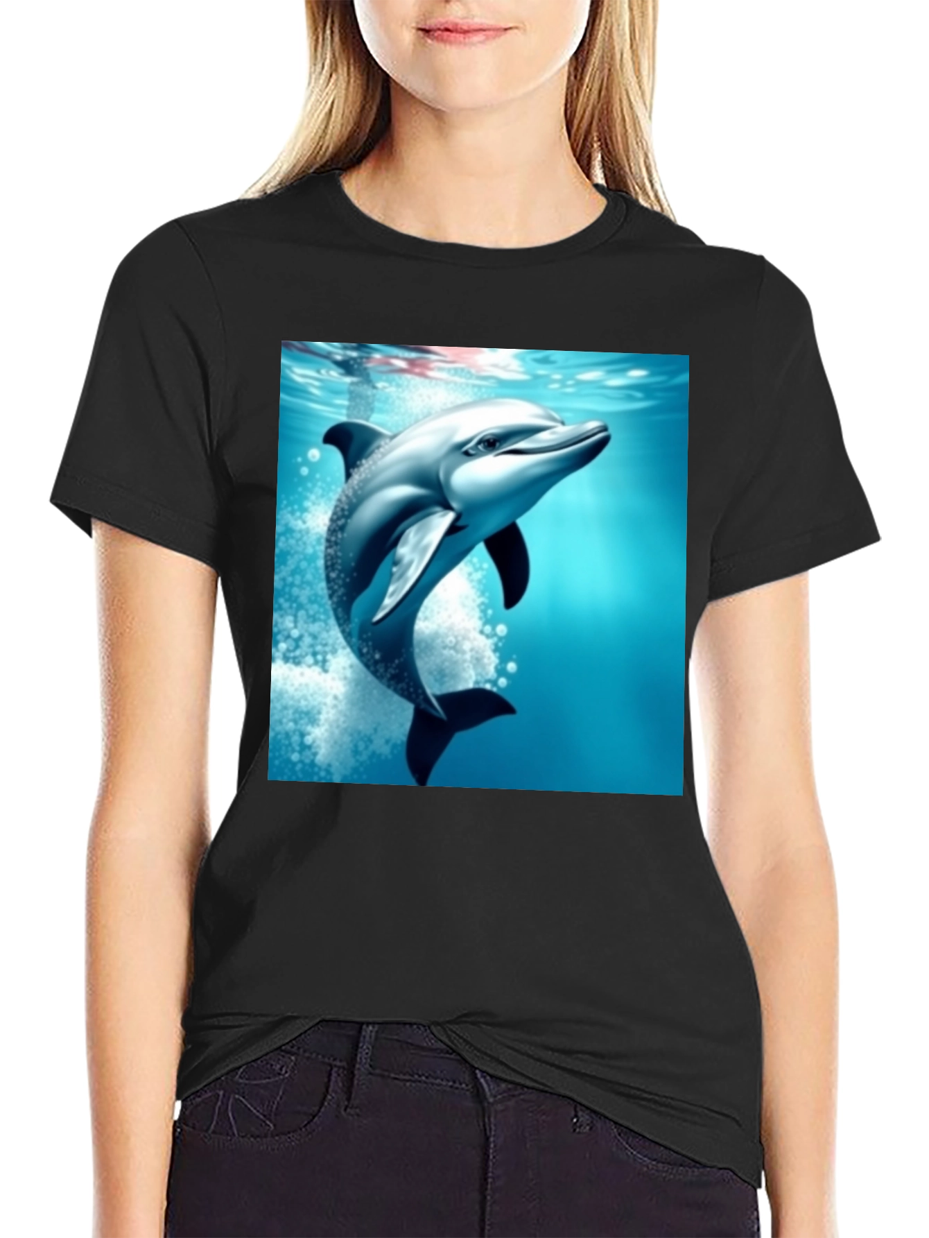 Camiseta Negra con Estampado de Delfín Azul