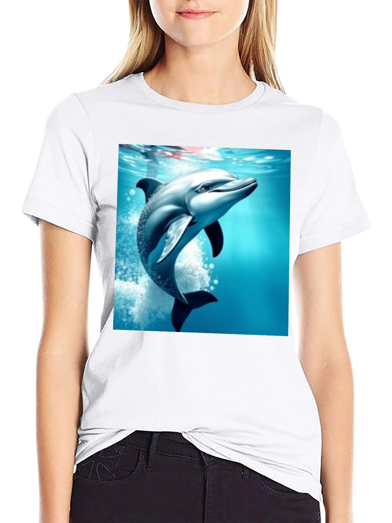 Camiseta Negra con Estampado de Delfín Azul