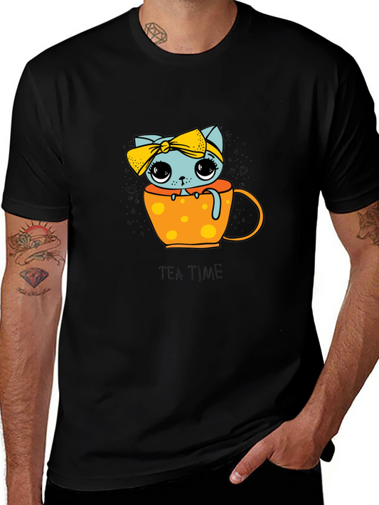 Camiseta Negra con Gato en Taza - Hora del Té