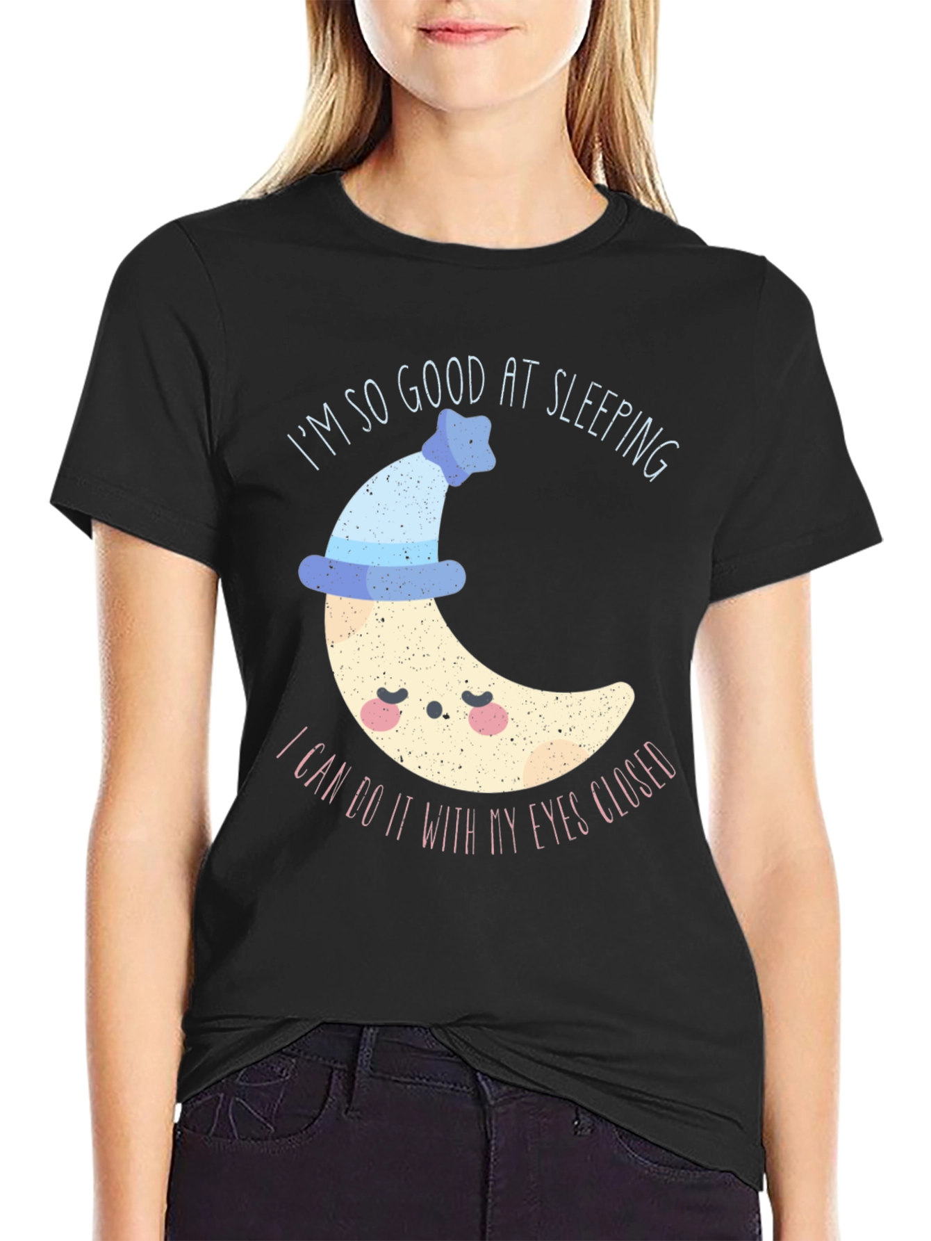 Camiseta Negra con Diseño de Luna Dormilona