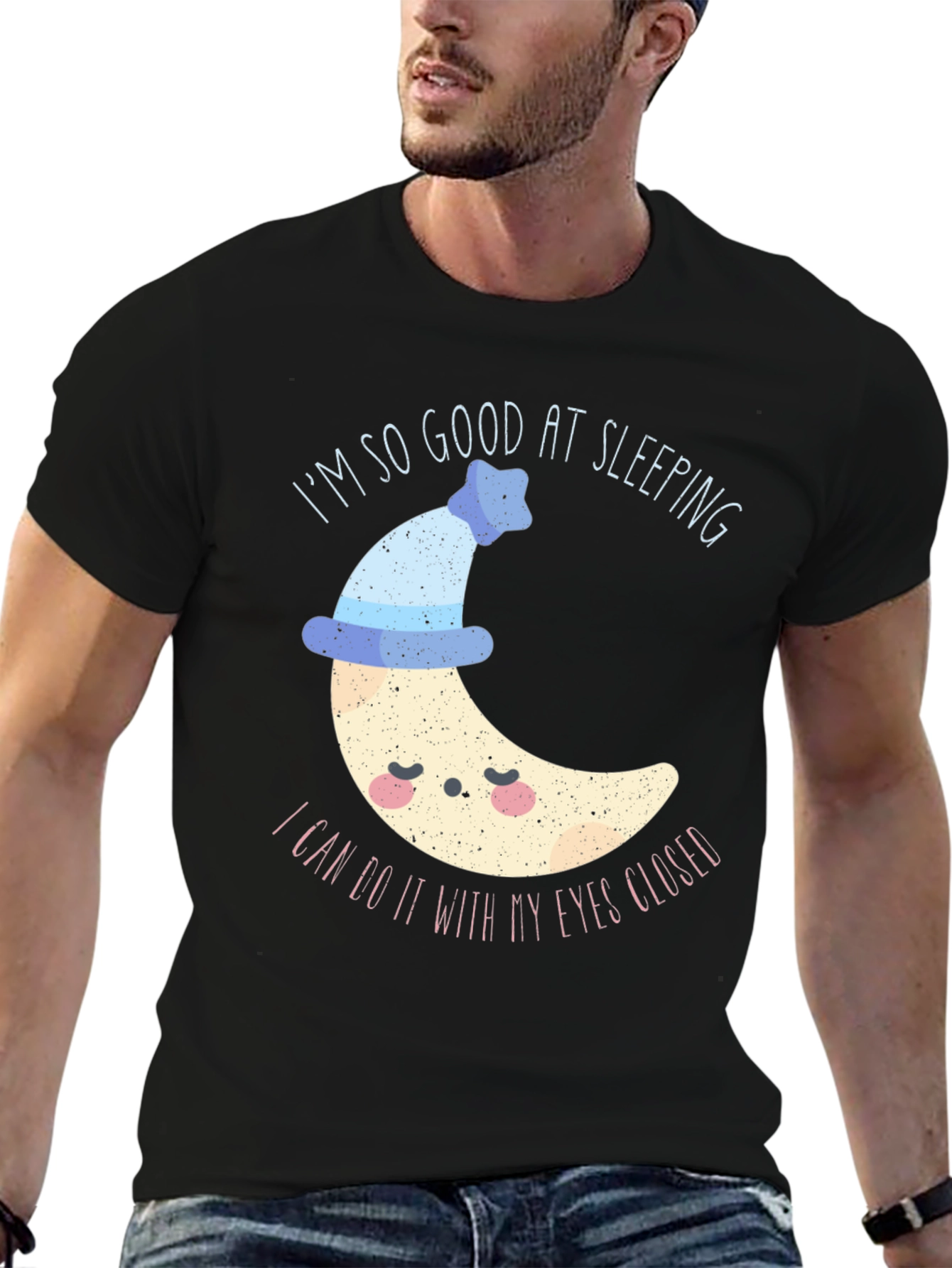 Camiseta Negra con Diseño de Luna Dormilona