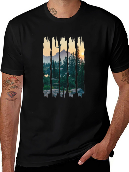 Camiseta Negra: Paisaje Montañoso al Atardecer
