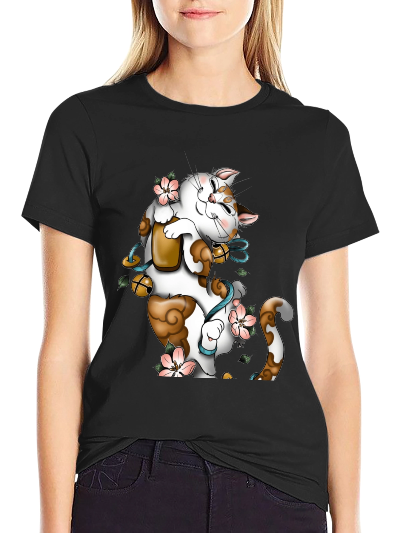 Camiseta Negra con Gato de la Suerte Maneki Neko