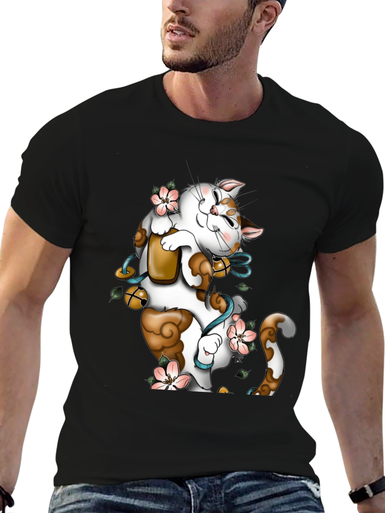 Camiseta Negra con Gato de la Suerte Maneki Neko
