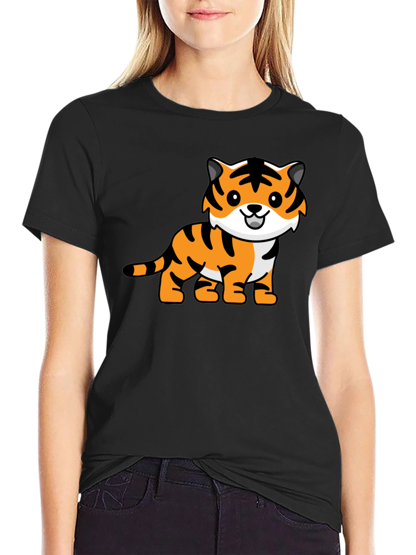 Camiseta Negra con Diseño de Tigre Adorable