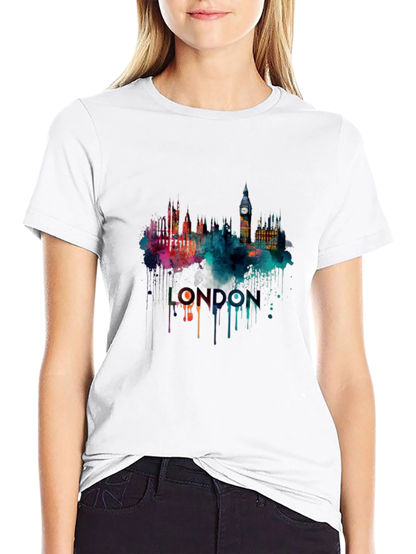 Camiseta Negra con Diseño de Londres Acuarela