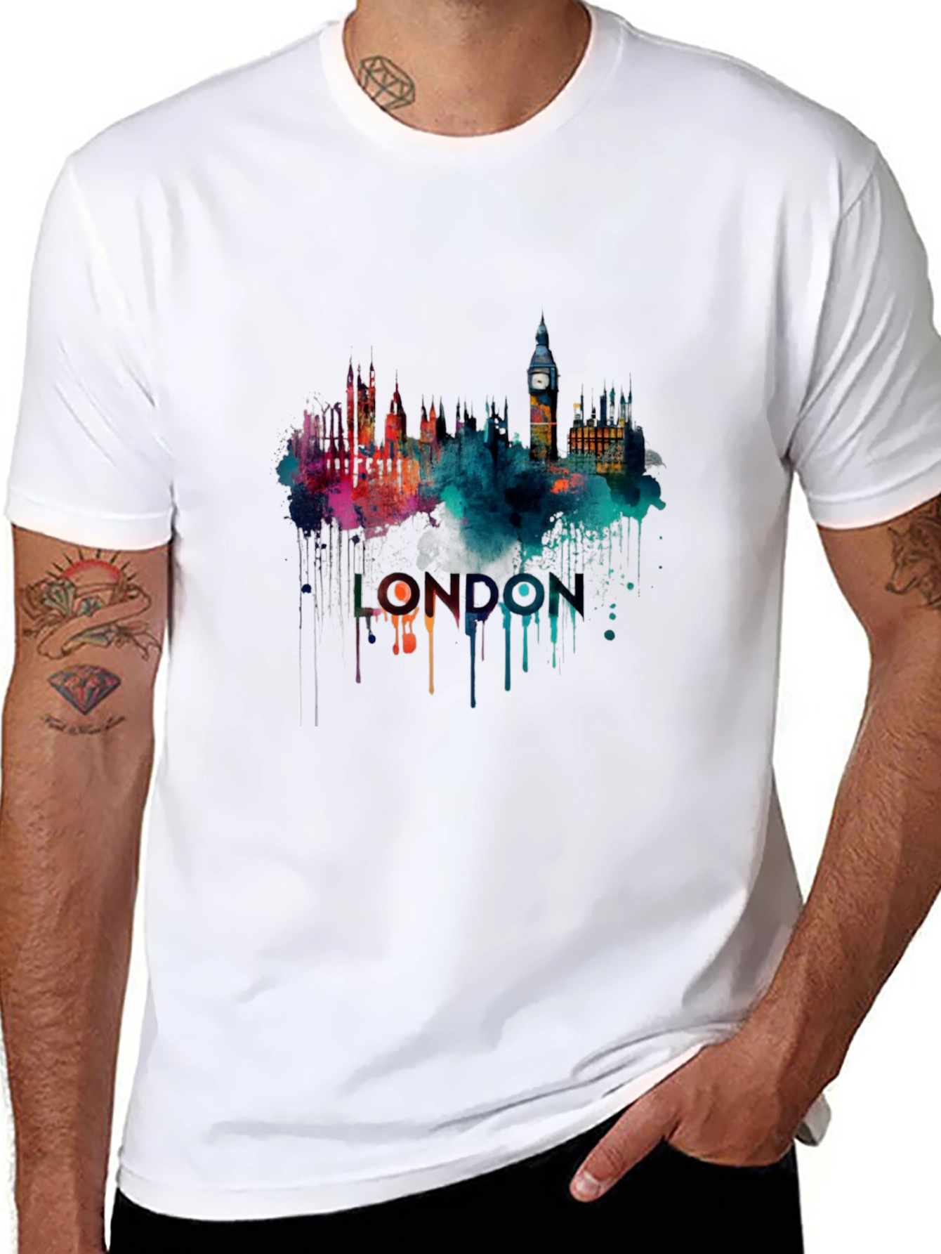 Camiseta Negra con Diseño de Londres Acuarela