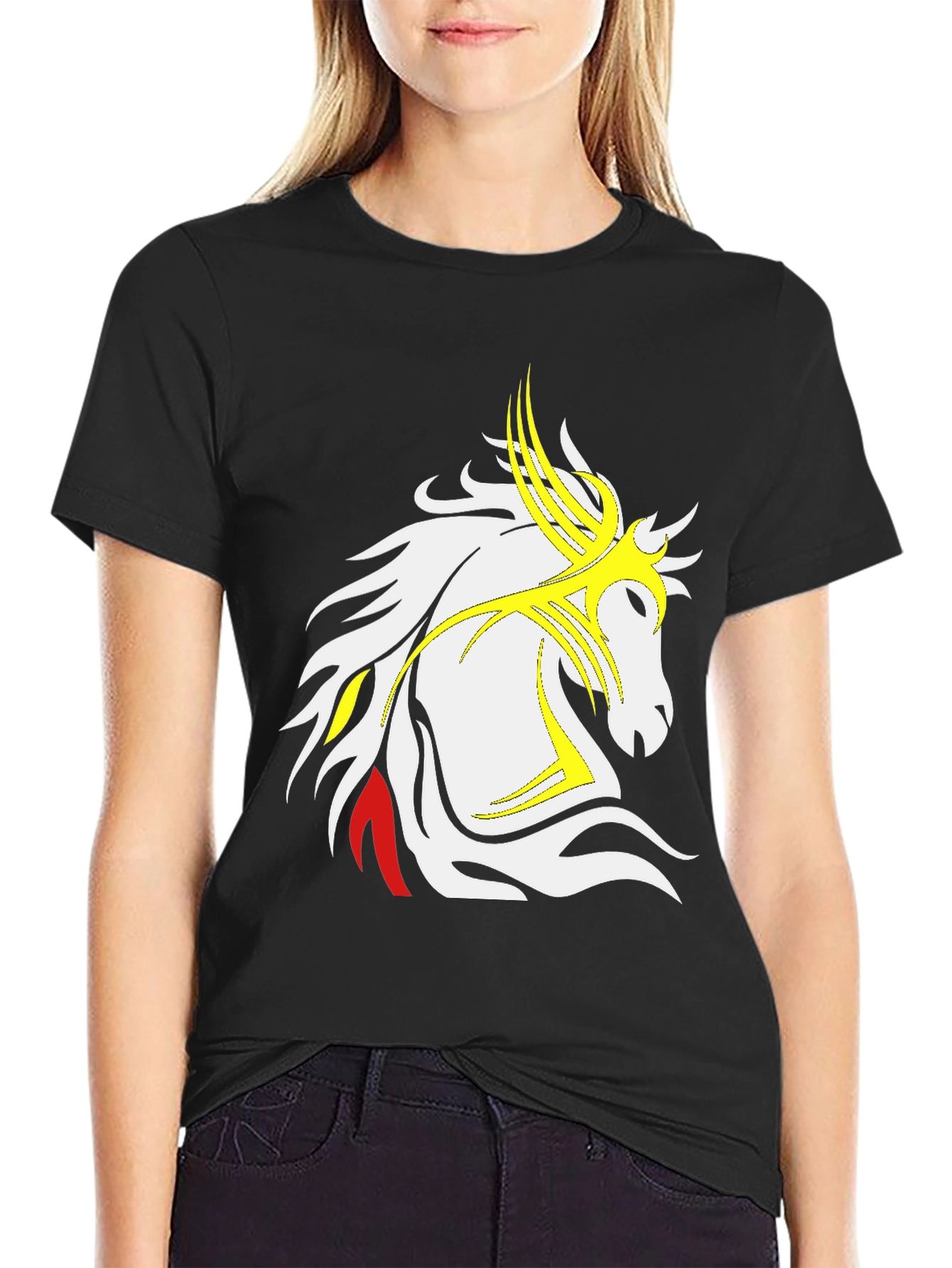 Camiseta Negra con Diseño de Caballo Tribal