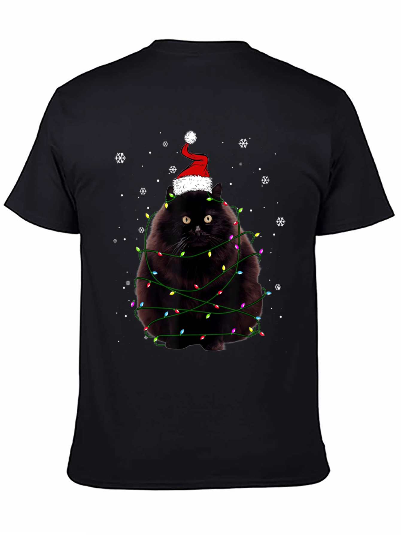 Camiseta Navideña Gato Negro con Luces y Gorro